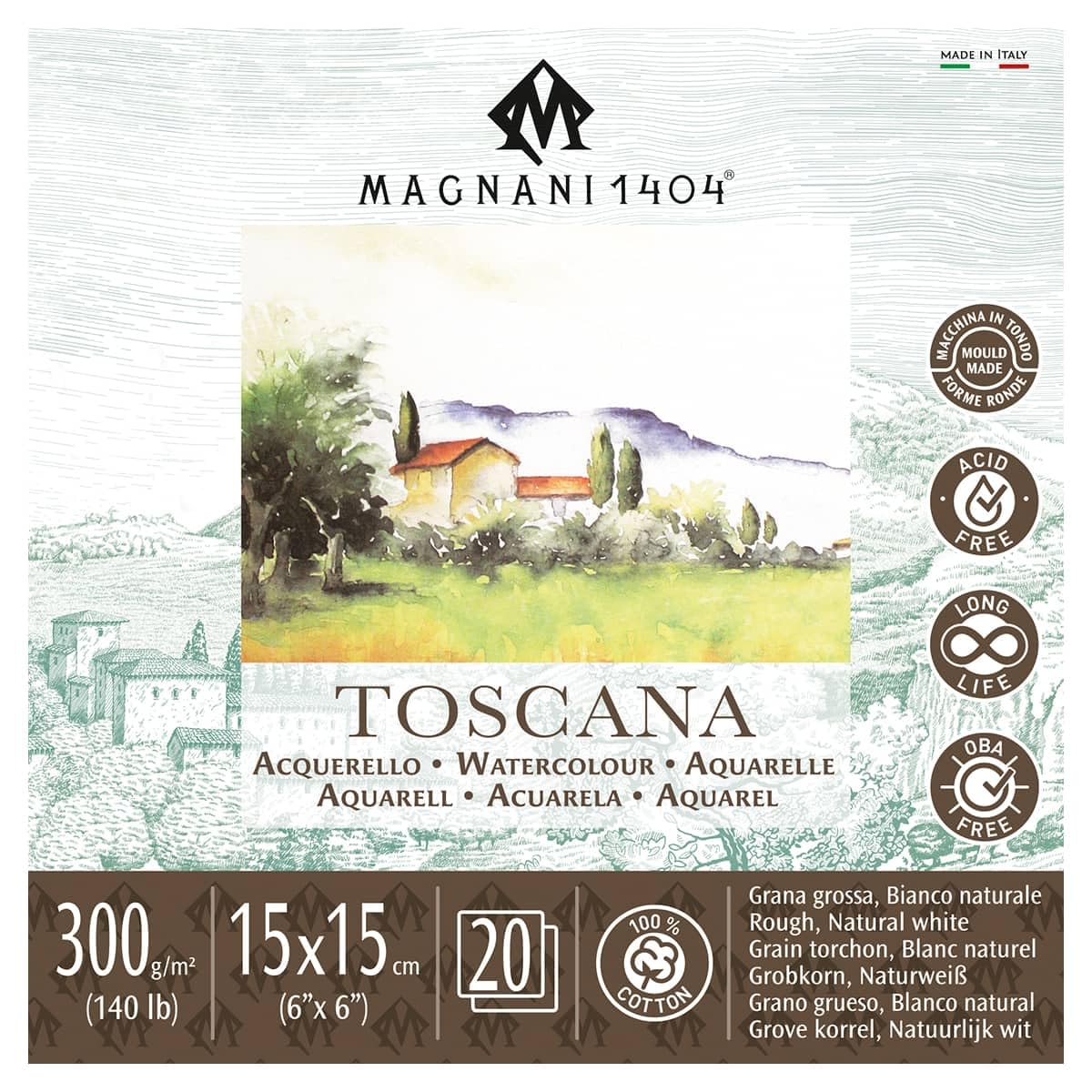 Magnani 1404 : Toscana Watercolour Pad : 15 x 15cm : 6 x 6in : 300gsm : 140lb : 20 Sheets : Rough