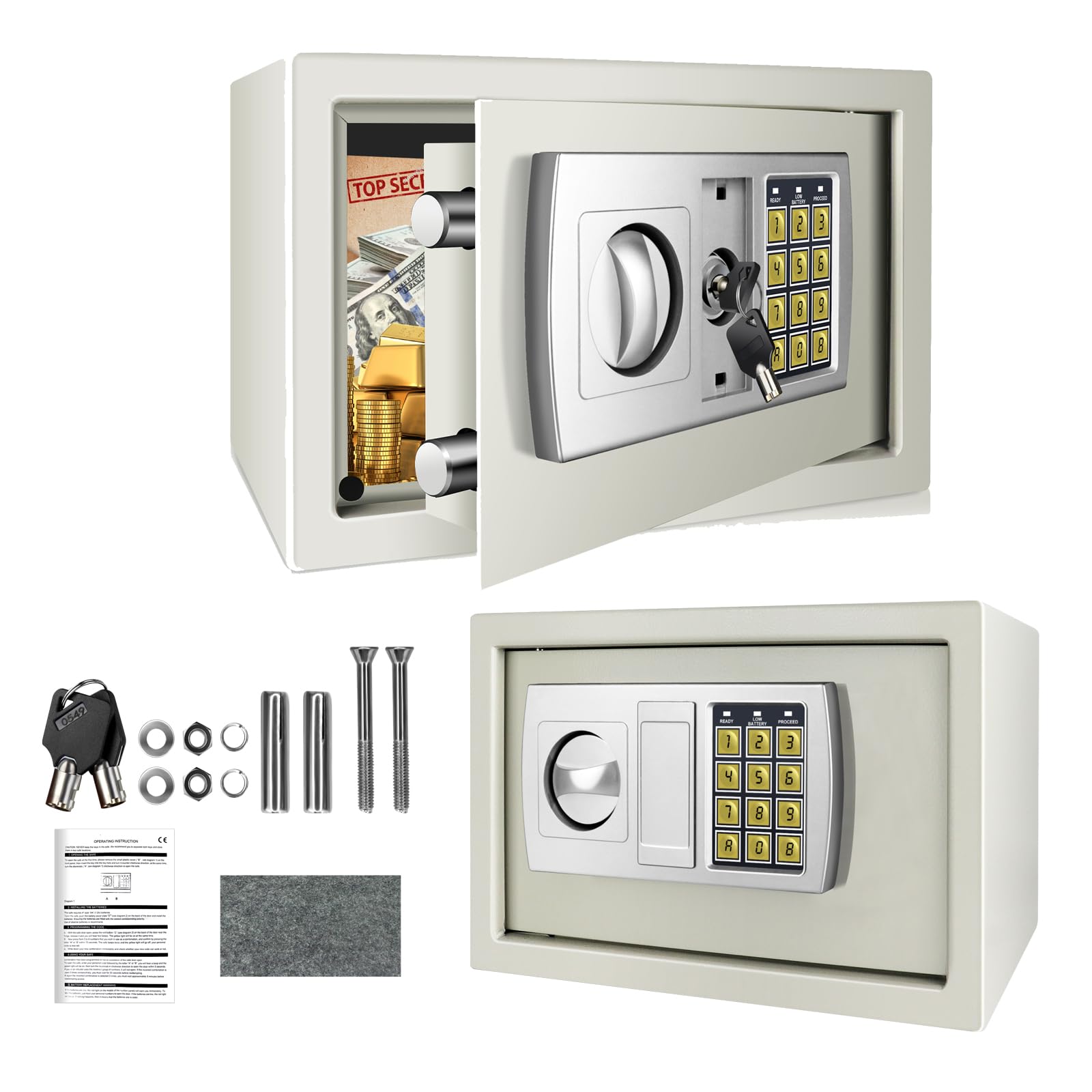 Digital Safe 8.5L Electronic Safe Wall Floor Mounted Security Cabinet Box, Money Safe Lock Box with Keys and Digital Keypadfor Home Office Hotel Business, White