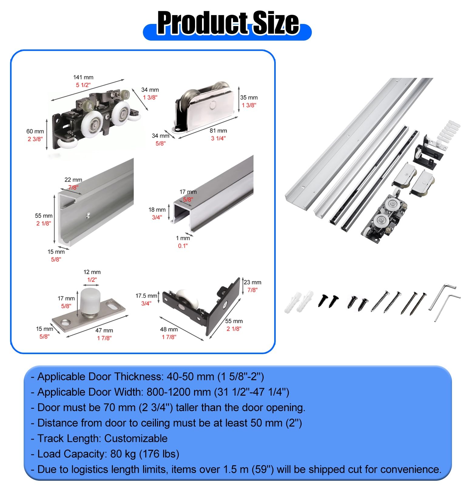 Rail Porte Coulissante Kit Quincaillerie Porte Coulissante Galandage Bois Mécanismes Fermeture Amortie, Kit Rail Invisible Anti-pincement Porte Coulissante, Rail Portes(1.2m (3.9ft))