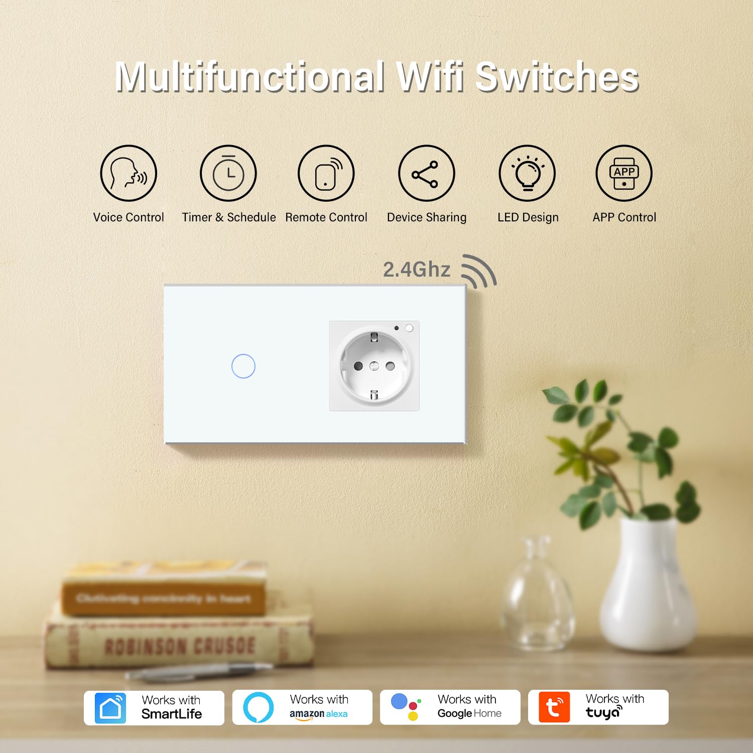 BSEED Single Live Smart Alexa, interruttore della luce con presa verticale in vetro, presa Schuko, interruttore della luce dal vivo con WiFi, 1 scomparto a 1 via, bianco