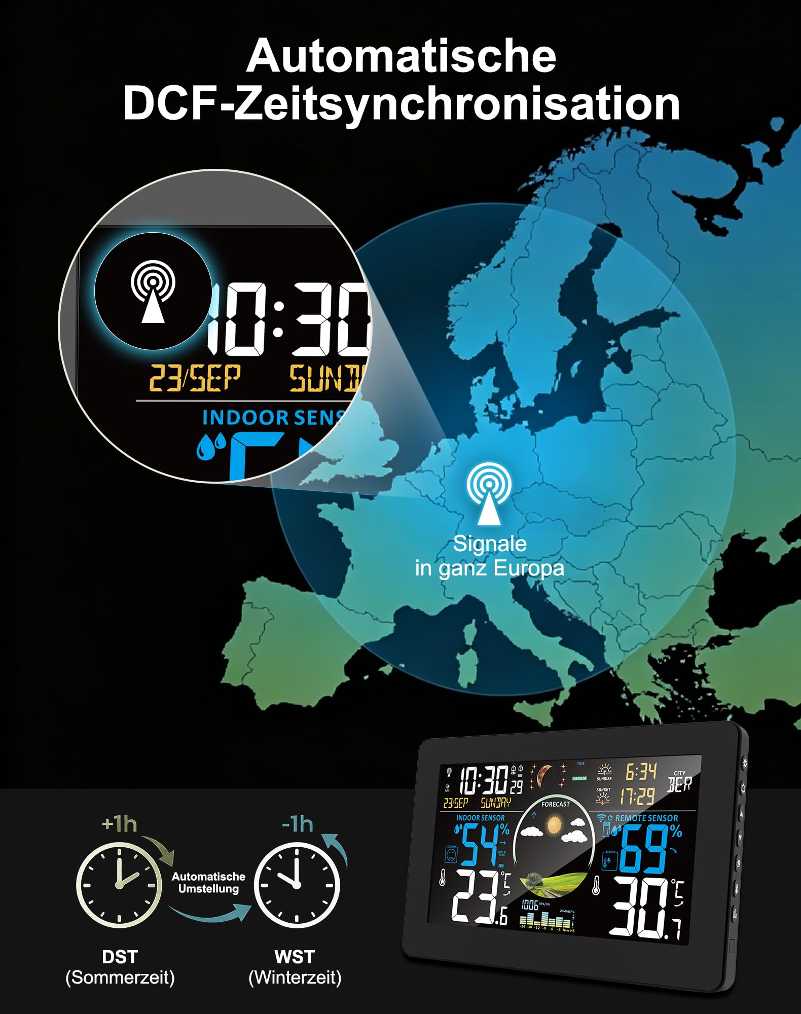 VIFLYKOO Wetterstation Funk mit Außensensor, Thermometer & Hygrometer, Wettervorhersage, Luftdruck, DCF Funkuhr, VA-Display, Batterie- & Netzbetrieb, für Innen & Außen, Schwarz