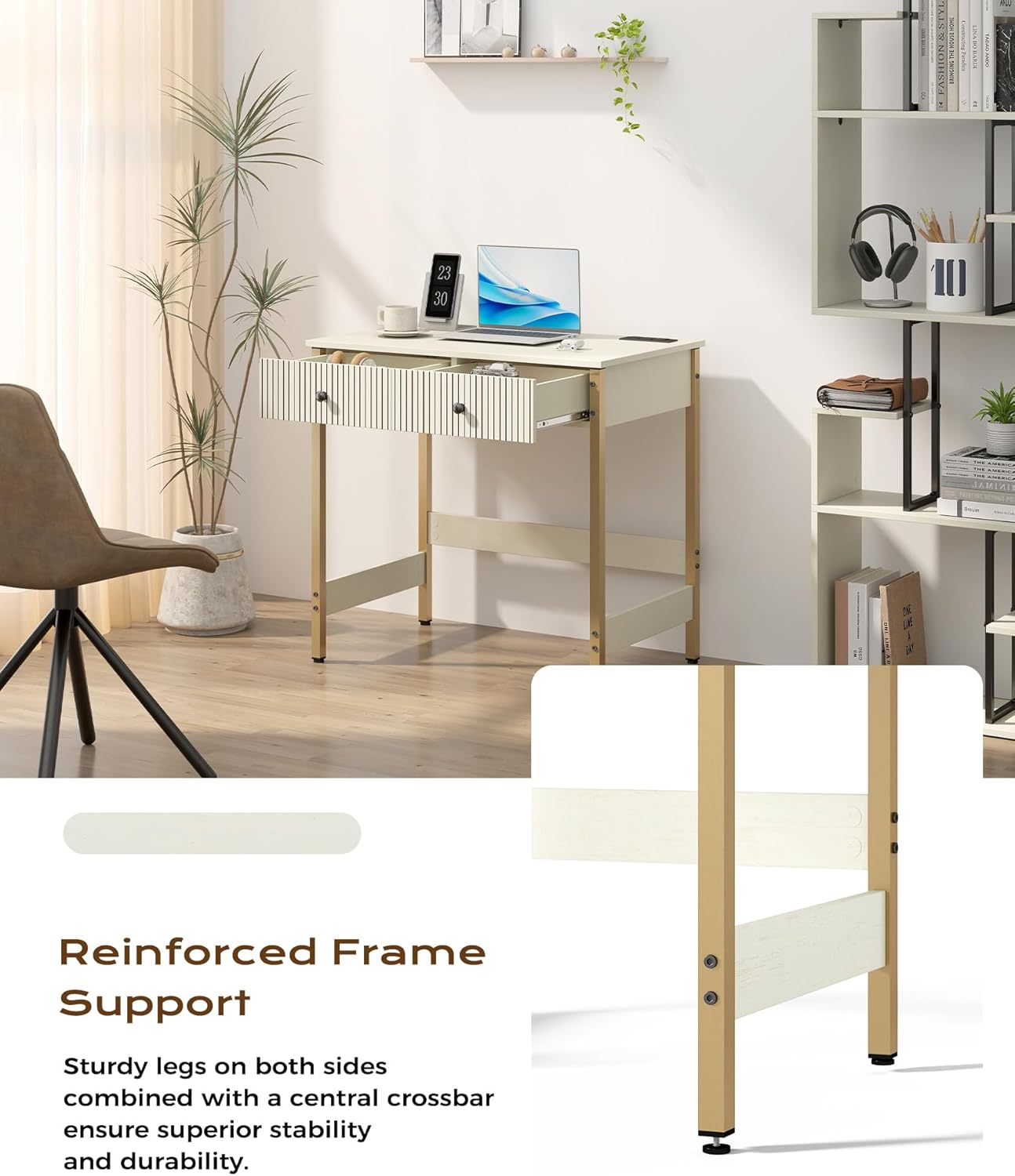 Manora 31.5” Computer Desk with Power Outlets and USB Ports, Modern Writing Desk with Fluted Drawer Front, Small Study Table with Storage Drawers for Home Office, Bedroom Vanity Use, White and Gold