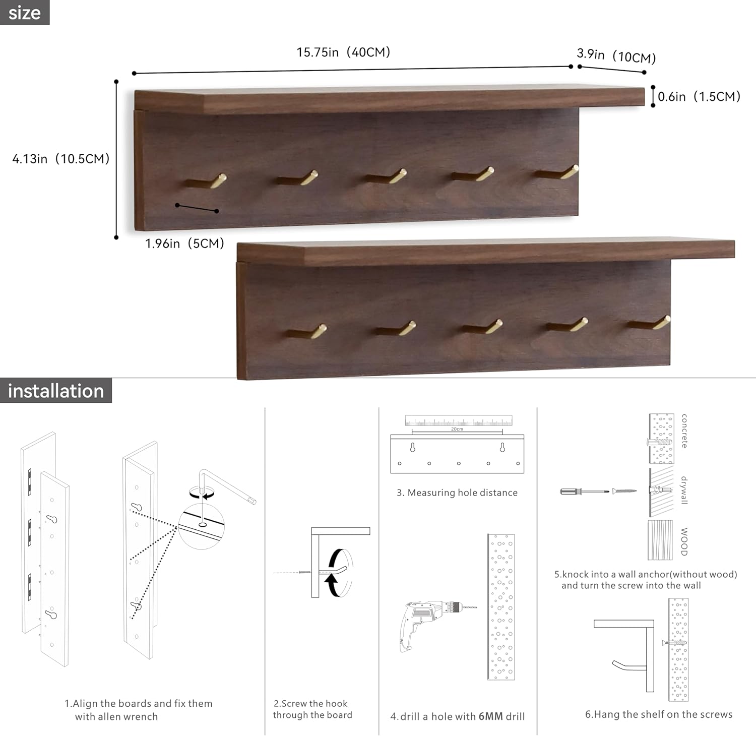 Marine Plywood Wall Mounted Coat Rack with Shelf & Key Hooks, 5 Brass Hooks Entryway Organizer, Modern Floating Shelf for Bedroom Hallway, Space-Saving Home Storage Rack (2, Walnut Finish)