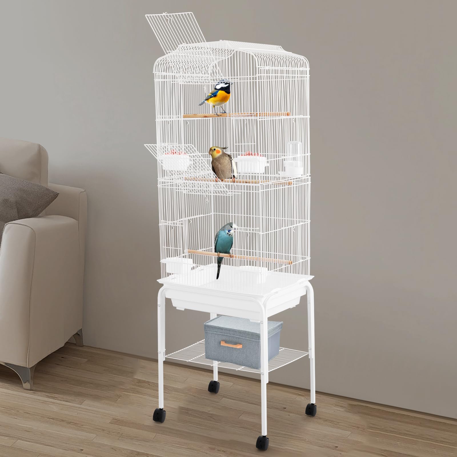 Jaula grande para loros y periquitos, estable de metal con 4 ruedas universales, bandeja inferior extraíble, compartimento de almacenamiento, para balcones, salón y cría de aves