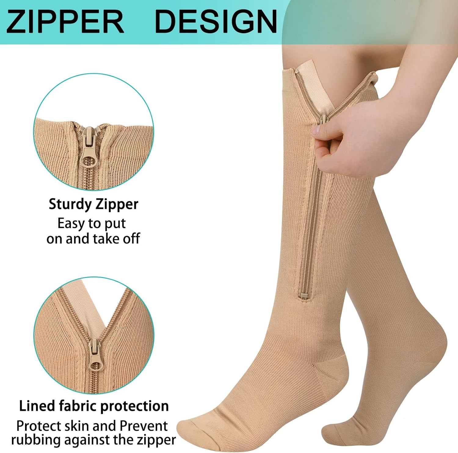 Athbavib 3 Pairs Zipper Compression Socks, 15-20 mmHg Closed Toe Compression Stocking with Zipper for Women and Men