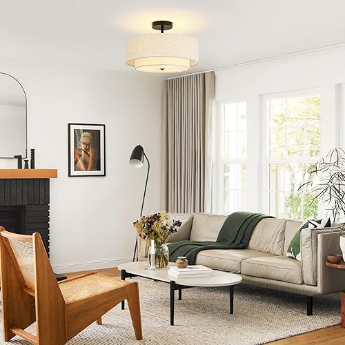 Miniatura 4 de Lámpara de techo semiempotrada de 16 pulgadas, lámpara de techo de 3 luces con pantalla de lino de tela de 2 niveles, lámpara de granja para