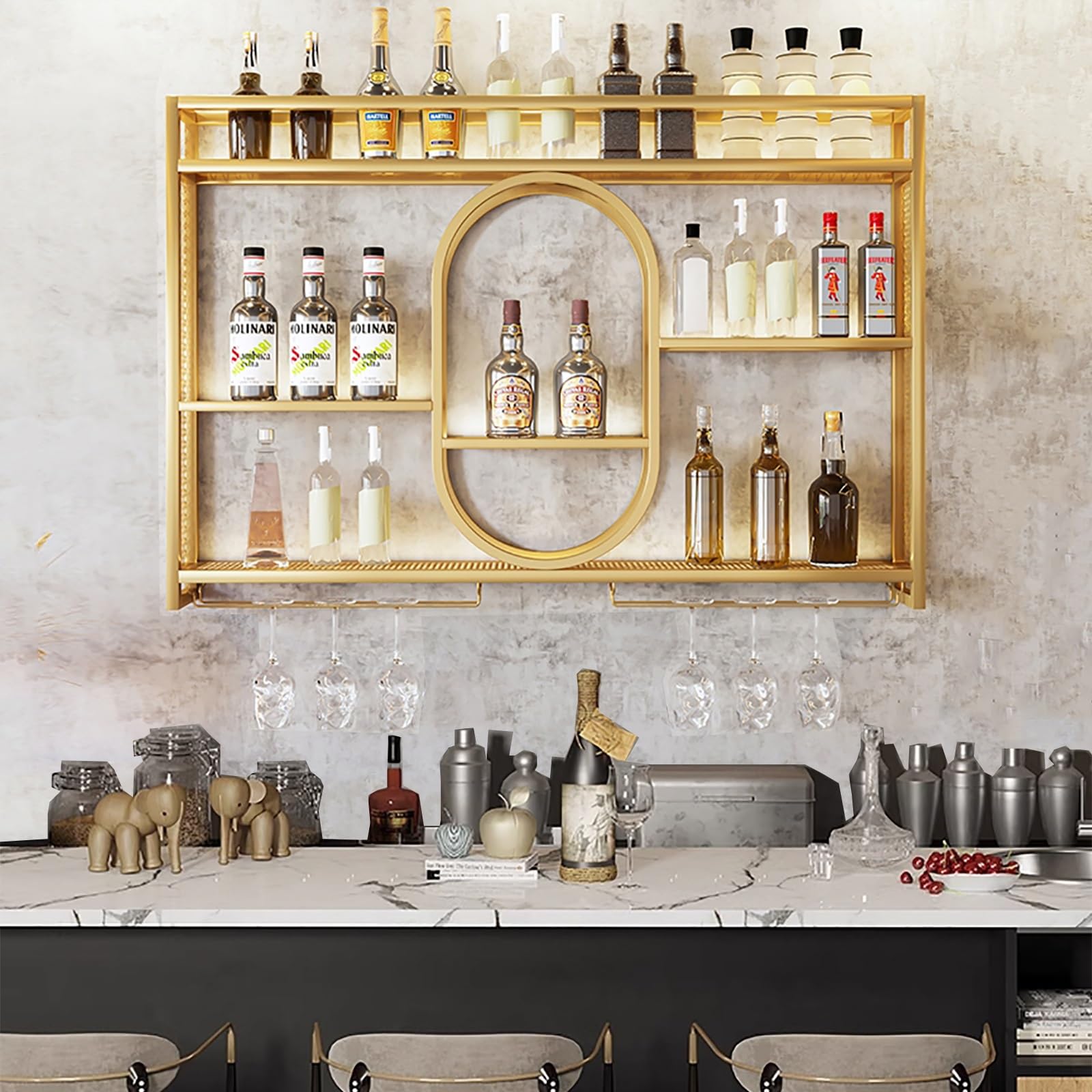 Casier à vin mural avec LED et porte-verres pour salon chic