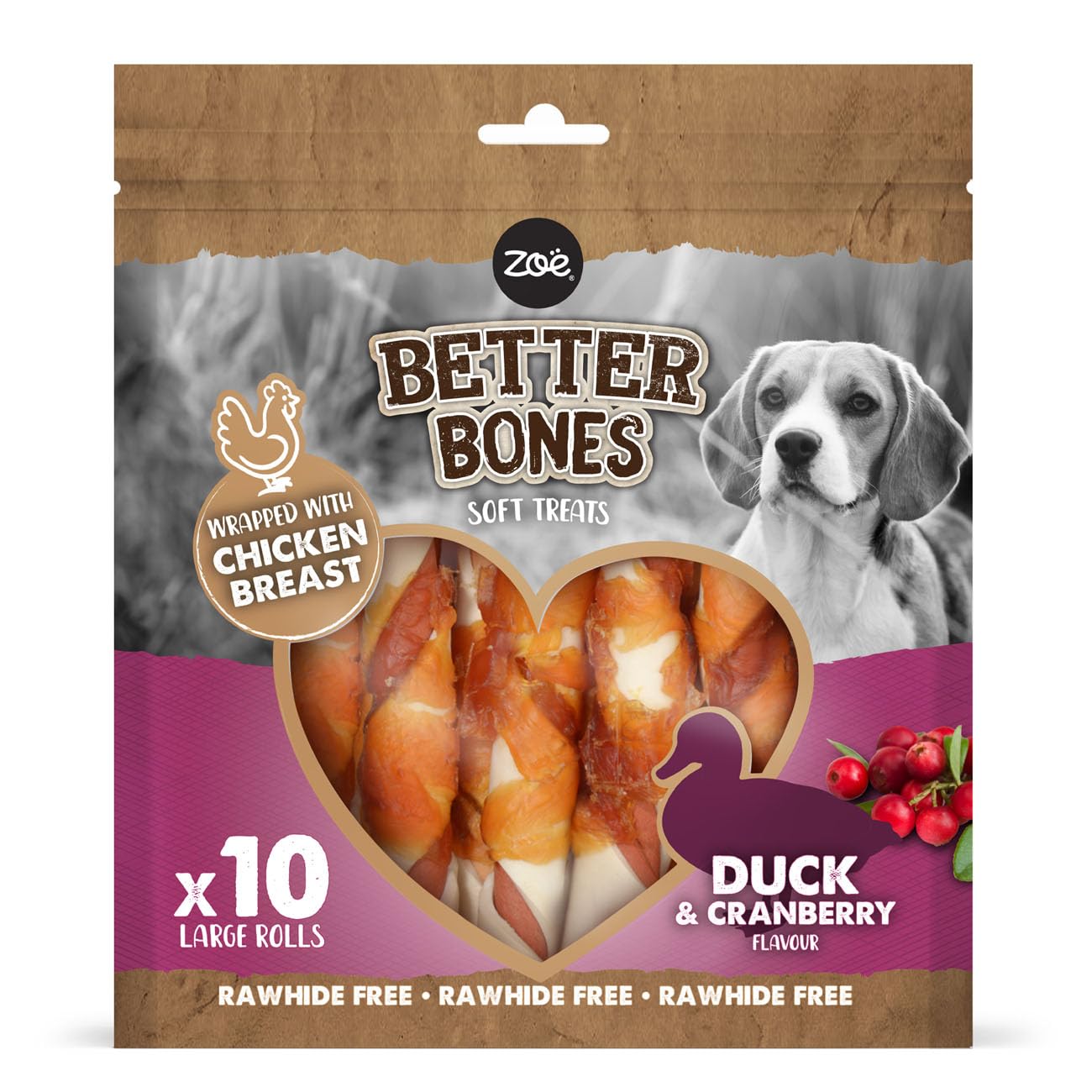 Zoe Better Bones, Rawhide-Free, Wrapped Dog Treats, Duck&Cranberry 1x10pcs