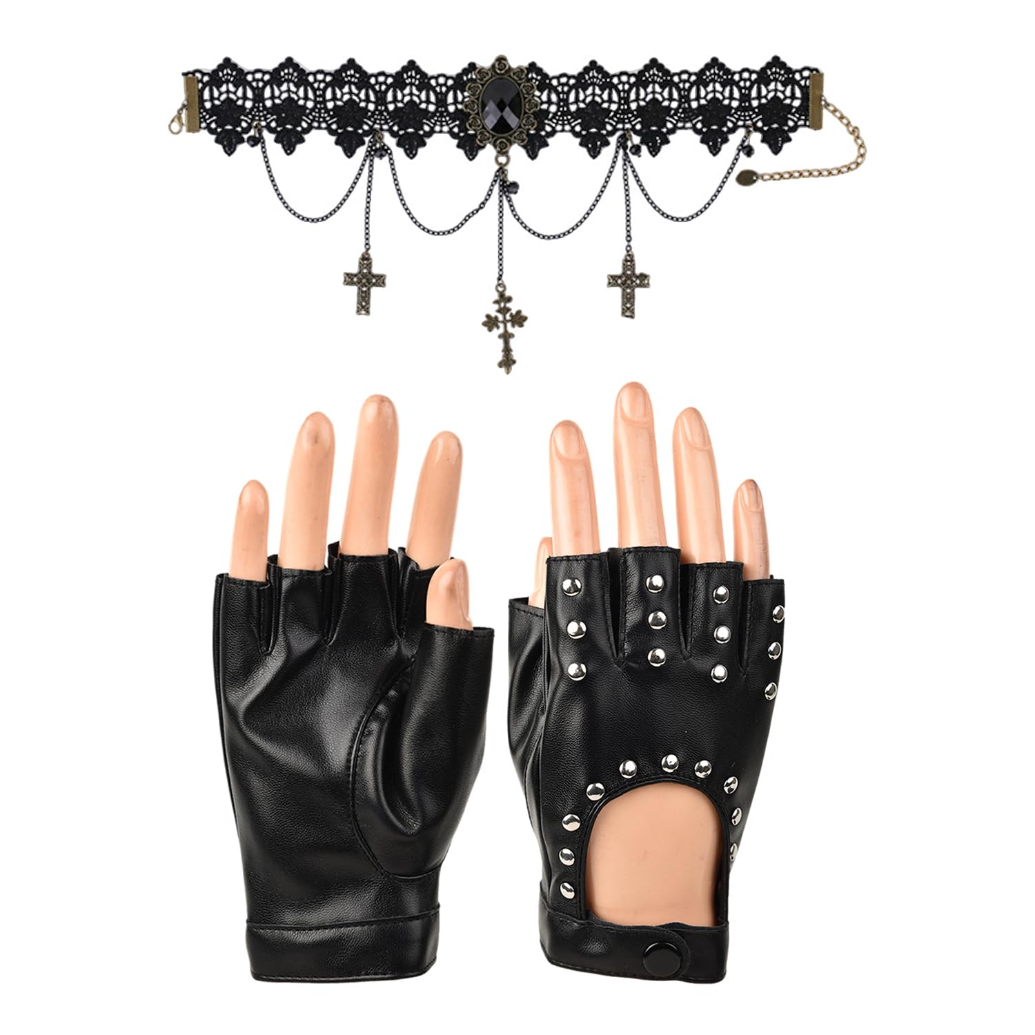 1 Pair Of Pu Leather Gloves And 1 Piece Gothic Collar, Punk Style Accessories, Party Clothing Accessories