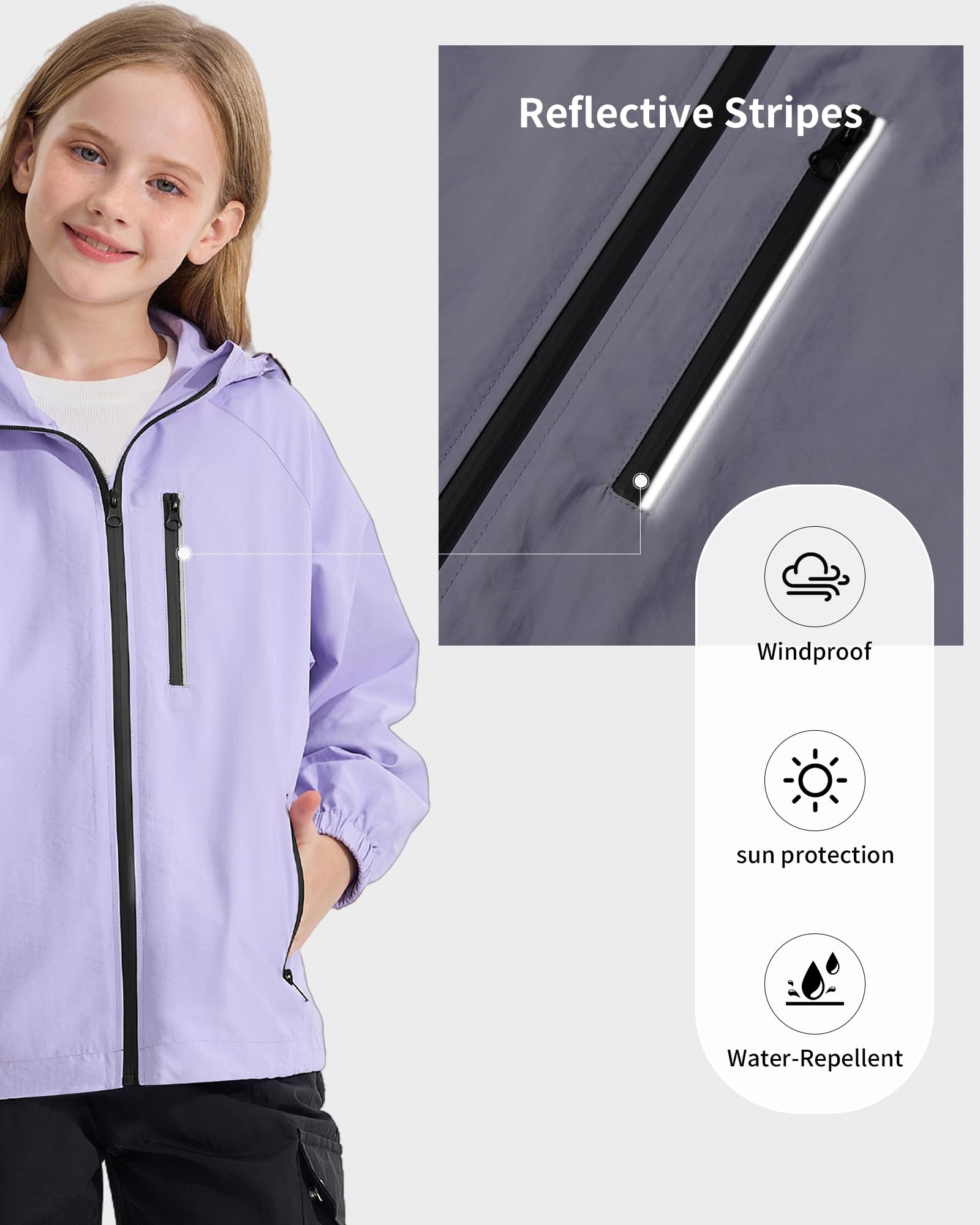Rolanko Giacca Impermeabile con Cappuccio per Ragazze, Impermeabile Leggera Giacca a vento Giacche da Pioggia Outwear per Bambini Ragazzi 7-14 Anni