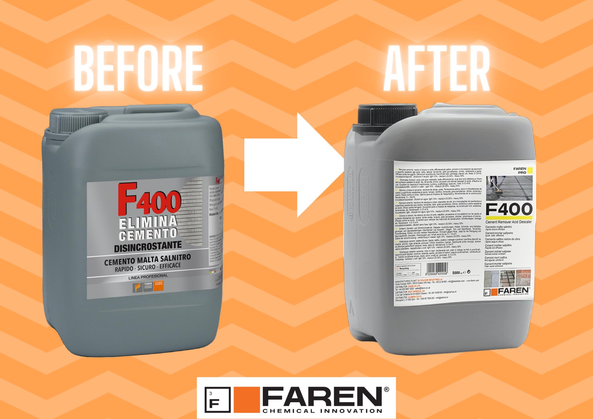 Faren F400, Disincrostante Concentrato Elimina Cemento, Malta, Calcare, Ossidazioni,ideale per Pavimenti e Metalli,5lt