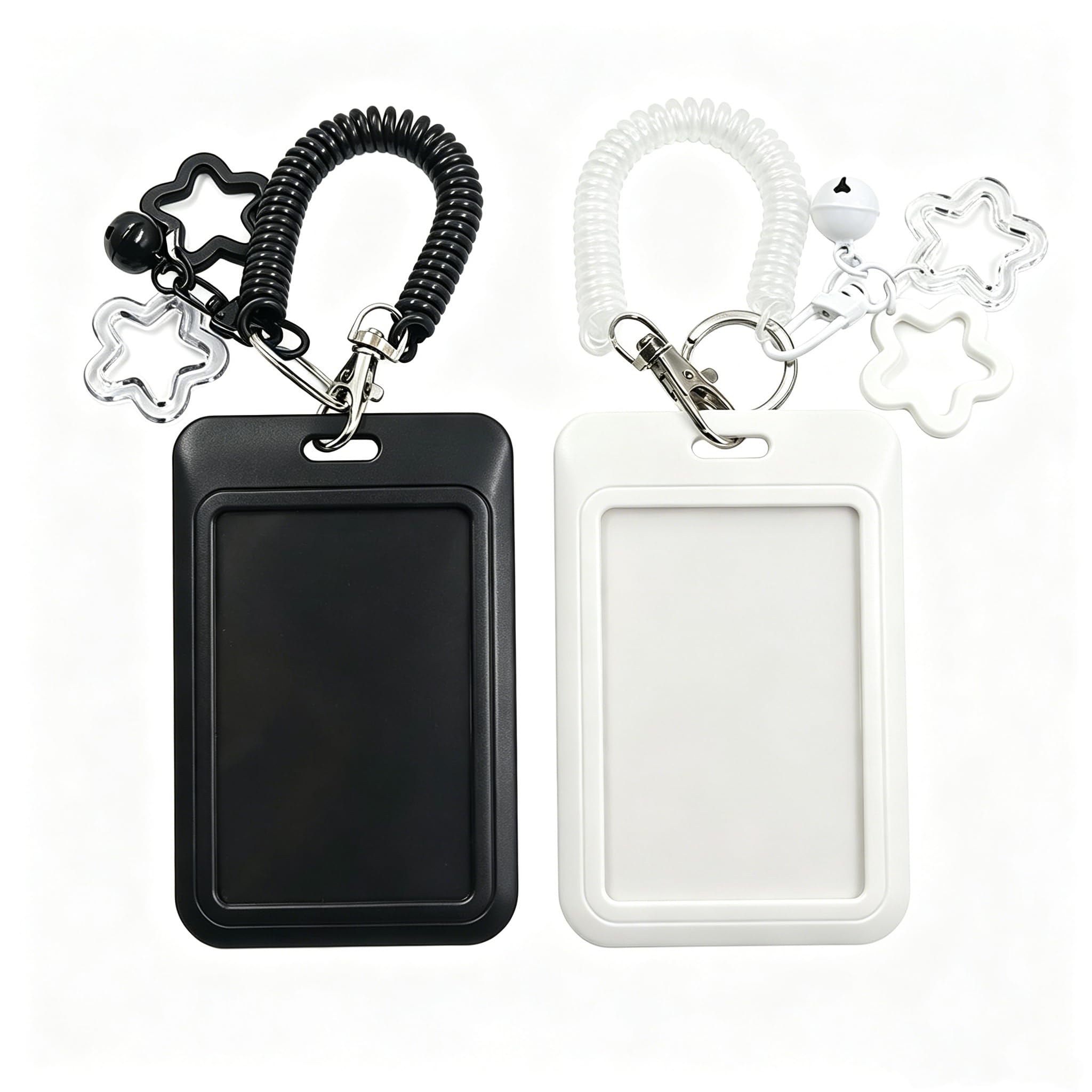 Sinjaetrq Unisex Black，White 2Pcs Photocard Holder Keychain, Clear Photo Card Holder With Star & Bell - Waterproof Id Card Holder For Kpop Cards, Student, Travel, Credit & Bus Pass - Cute Card Holder Keyring (Black & White)