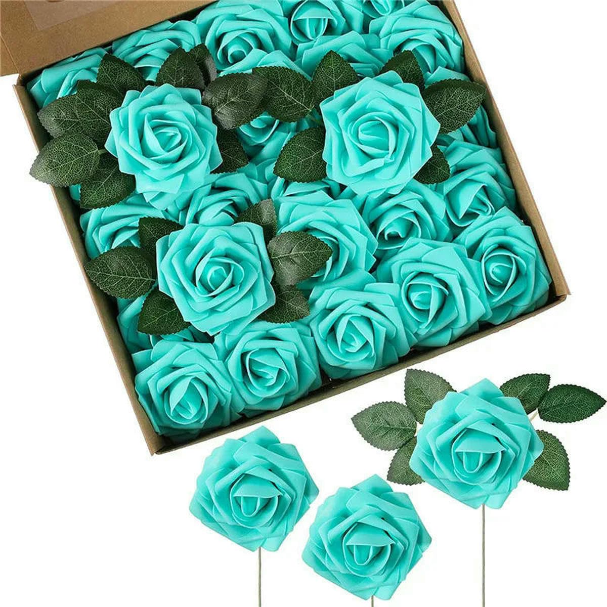 AYHTUD 10~100pcs Rose Artificial Flowers Foam Fake Roses Wedding Bouquets Centerpieces Mothers Day Valentines Party Decoration- Blue-50pcs no box leaves