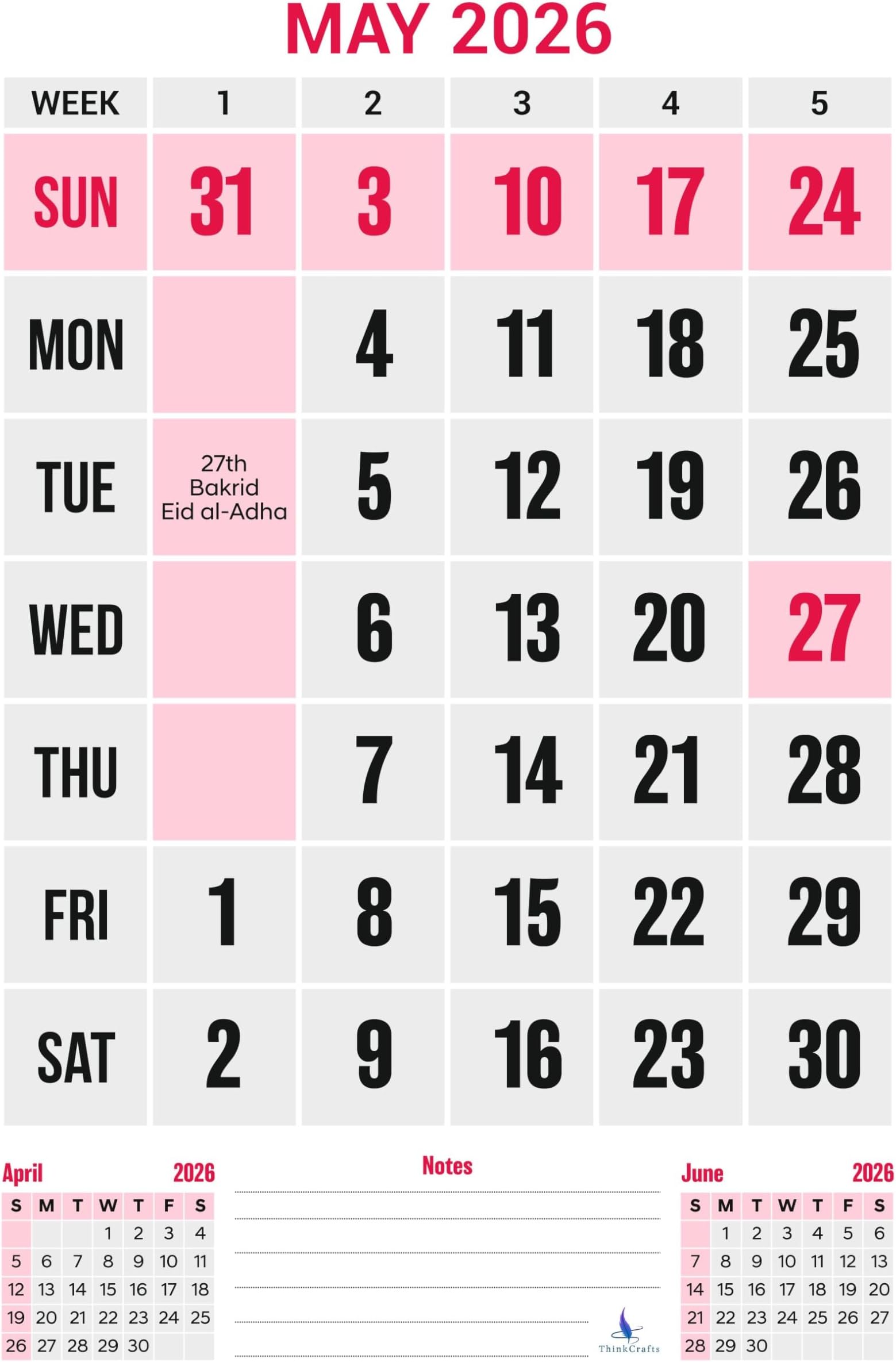Thinkcrafts 2026 Calendar with Holidays, Wall Calendar, Pink and Black Theme, Includes 2027 Mini Calendars