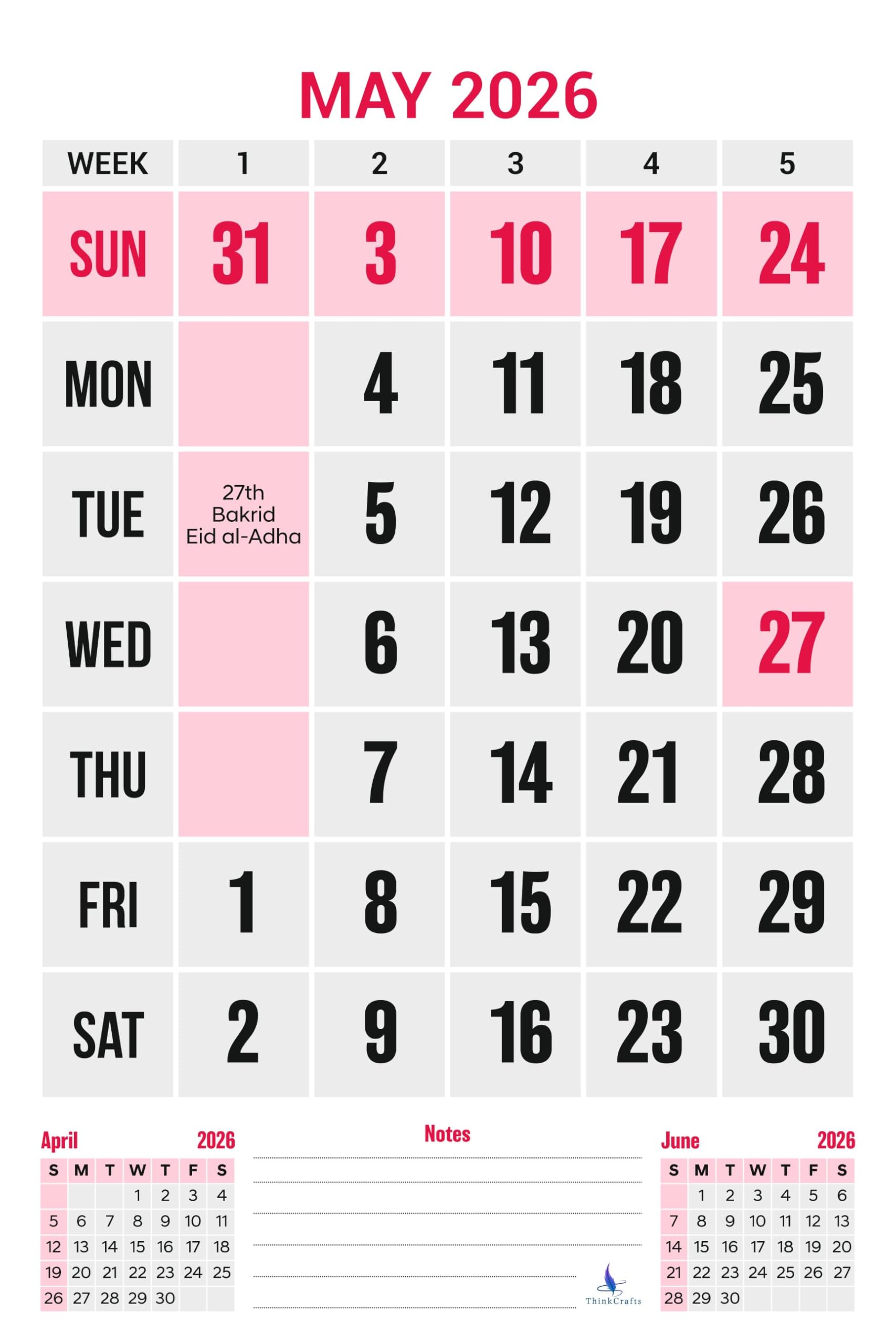 Thinkcrafts 2026 Calendar with Holidays, Wall Calendar, Pink and Black Theme, Includes 2027 Mini Calendars