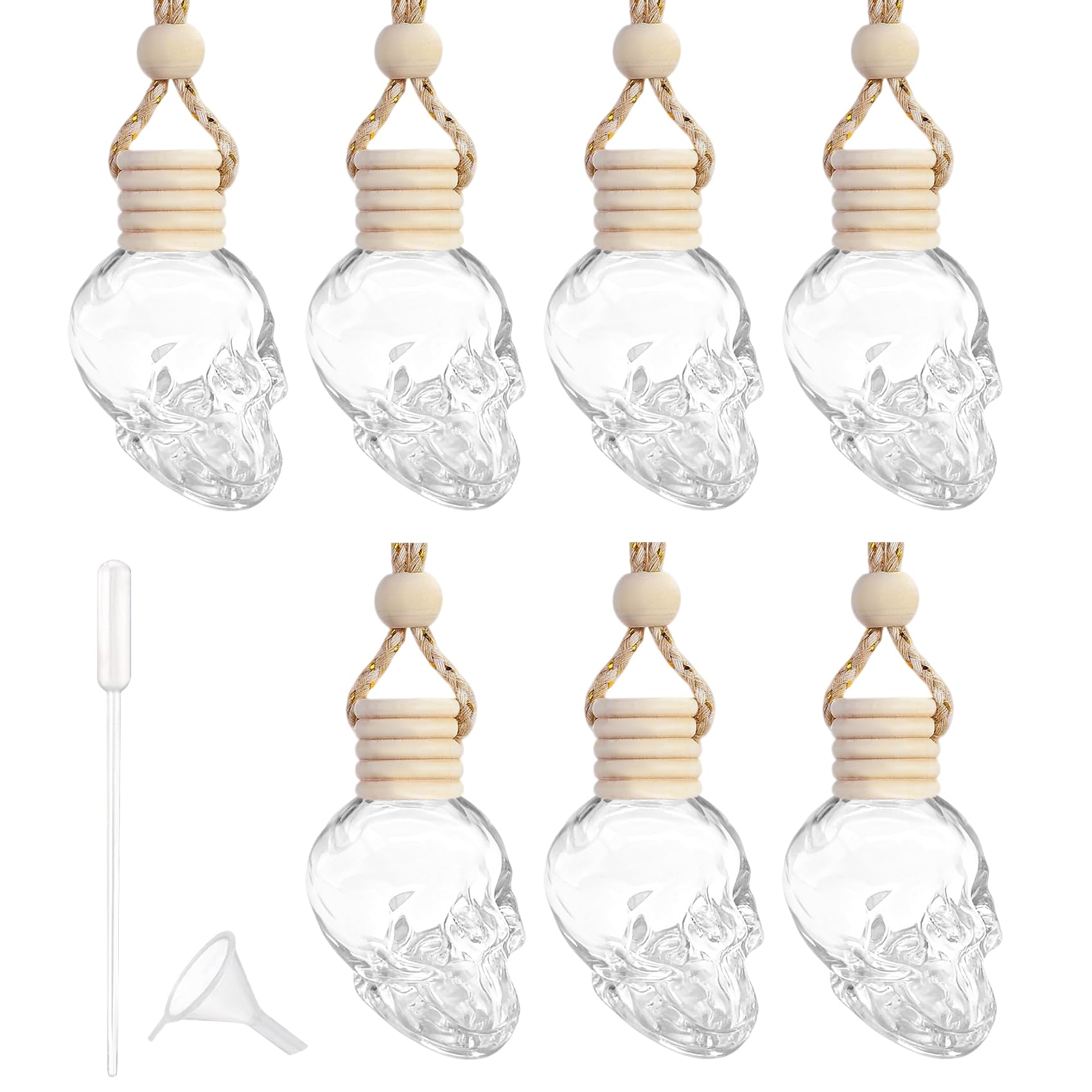 Surosha 7 PCS 8ml Hanging Car Air Freshener Diffuser, Car Oil Diffusers, Wooden Cap Aromatherapy Auto Air Freshener Diffuser, Automotive Accessories Skull Glass Bottle Hanging Diffuser Bottle for Cars