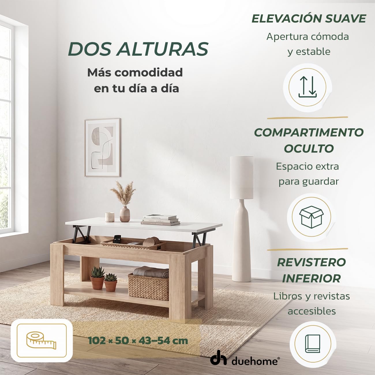 duehome | Mesa de Centro Elevable, Mesa Auxiliar, Modelo LYA, Acabado en Color Roble Canadian y Blanco Artik, Medidas: 102 cm (Largo) x 50 cm (Ancho) x 43-54 cm (Alto)