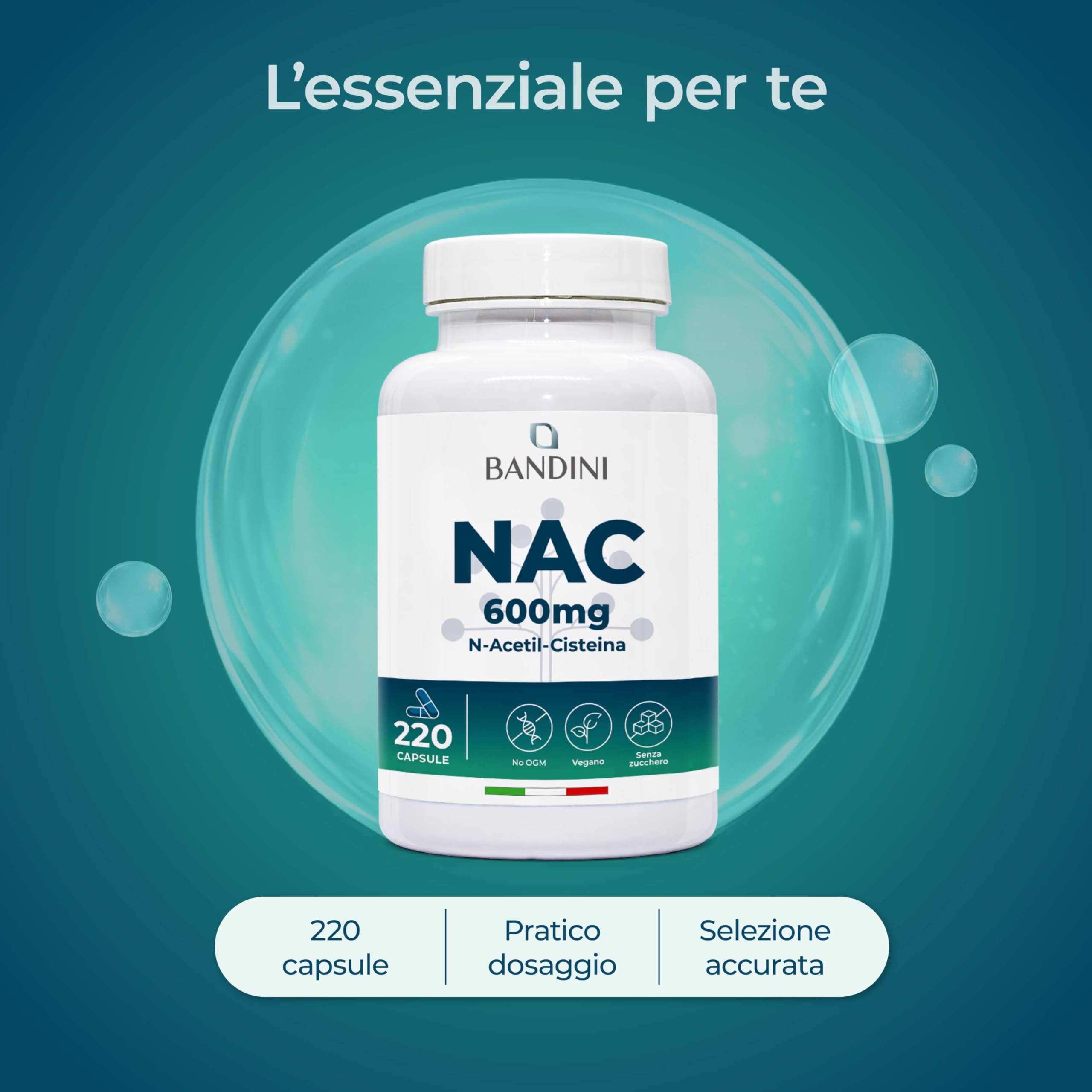 Bandini® NAC N-Acetil-Cisteina 220 Capsule 600mg (+7 Mesi),Precursore del Glutatione, Acetilcisteina 600mg, 1 Capsula al Giorno, Alto Dosaggio di N-Acetilcisteina Aumentata, Integratore 100% Vegano