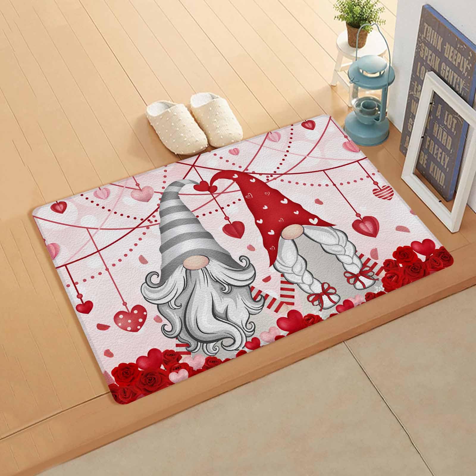 Valentine's Day Kitchen Bath Door Mat Cushioned Runner Rug,Washable Welcome Floor Sink Antifatigue Mat,Waterproof & Non-Slip Comfort Standing Doormat,Romantic Love Gnomes Spring Holiday 20