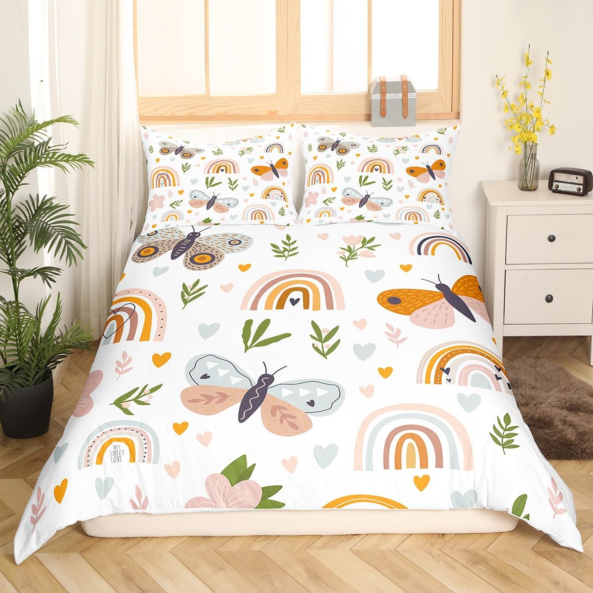 Manfei Cute Rainbow Duvet Cover Set Super King Size,Sweet Hearts Bedding Sets 3Pcs for Kids Girls Boys Adult Room Decor,Lovely Butterfly Comforter Cover Pink Flower Quilt Cover,2 Pillowcases โ image 1