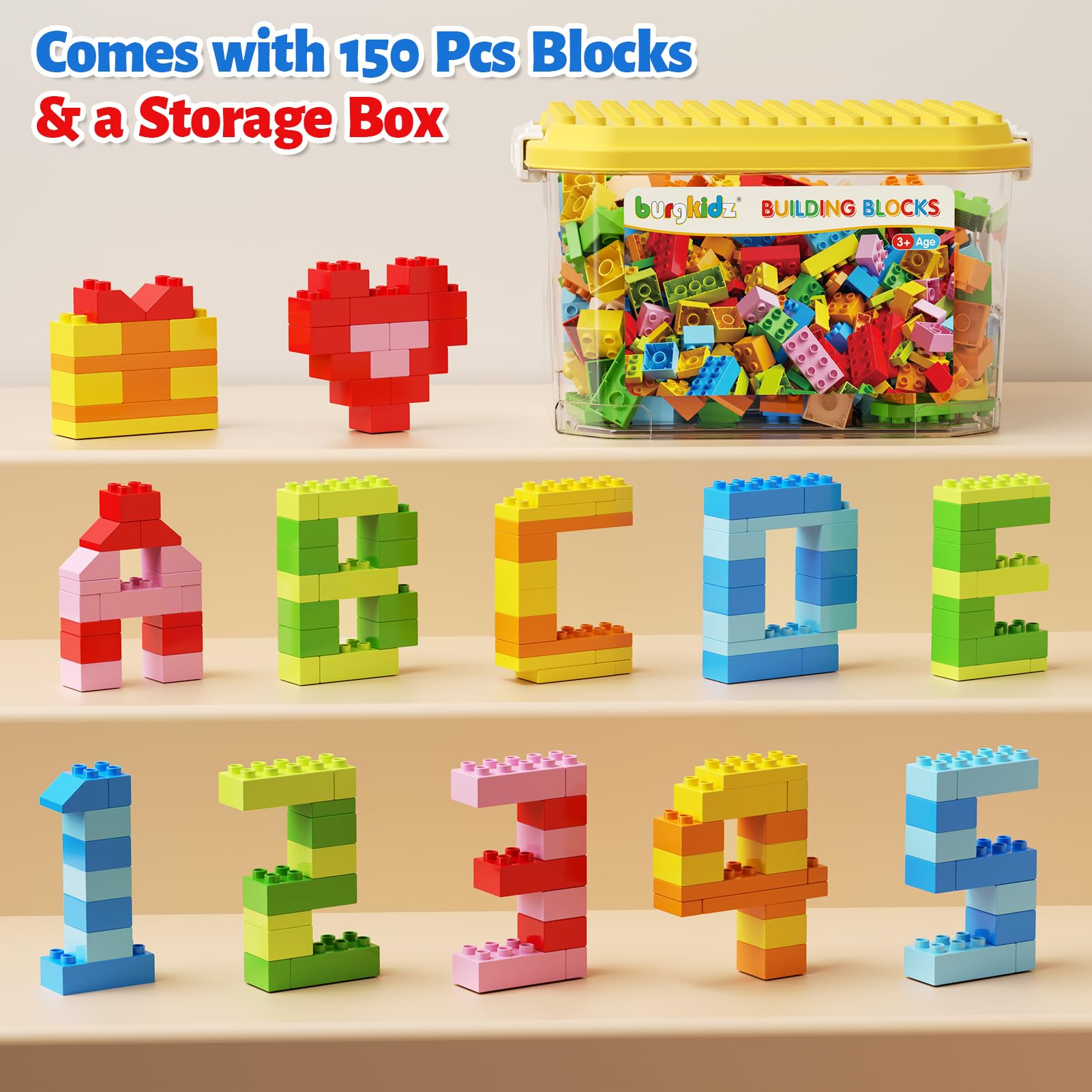 burgkidz Brique de Construction, 150 Pièces Gros Bloc de Construction avec Boîte de Rangement, Jouets STEM Cadeaux pour Garçons et Filles, Set de Jeux Grande Brique Construction Enfants Âge 3 à 5 Ans