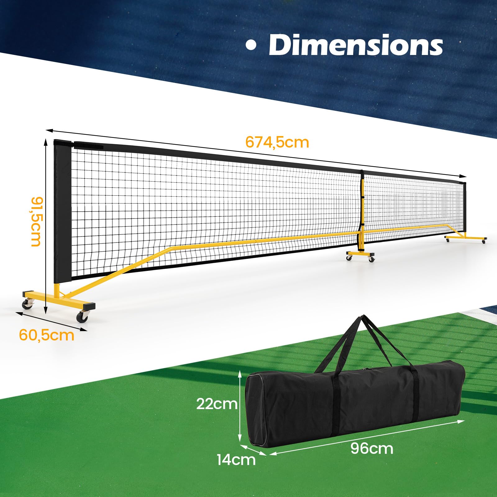 COSTWAY Filet de Pickleball Portable, Filet Badminton Exterieur en PE Résistant avec Cadre Métallique Sac de Transport, pour Intérieur/Extérieur