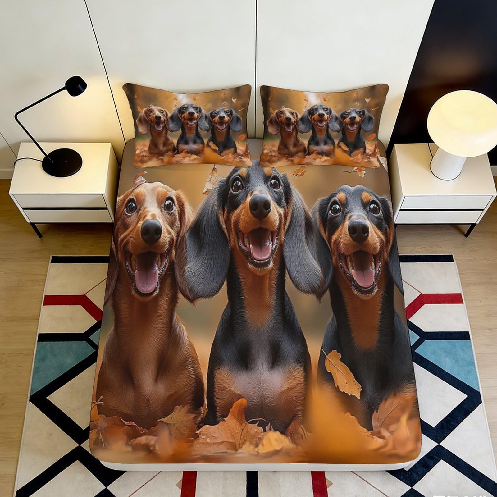 3D Printed Dachshund Fitted Sheet Microfiber Deep Pocket for Bedroom Bedding Sets Dachshund Mattress Fitted Cover Non-Slip Washable 90x200x25cm