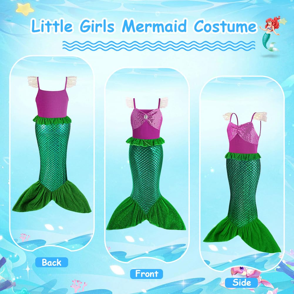 AOOWU Vestito Sirenetta Bambina, Costume da Sirenetta con Parrucca, Ariel Bambine Vestito Sirena con 5 pezzi Accessori, Costumi Cosplay Sirena per Halloween, Natale, Cosplay, Compleanno
