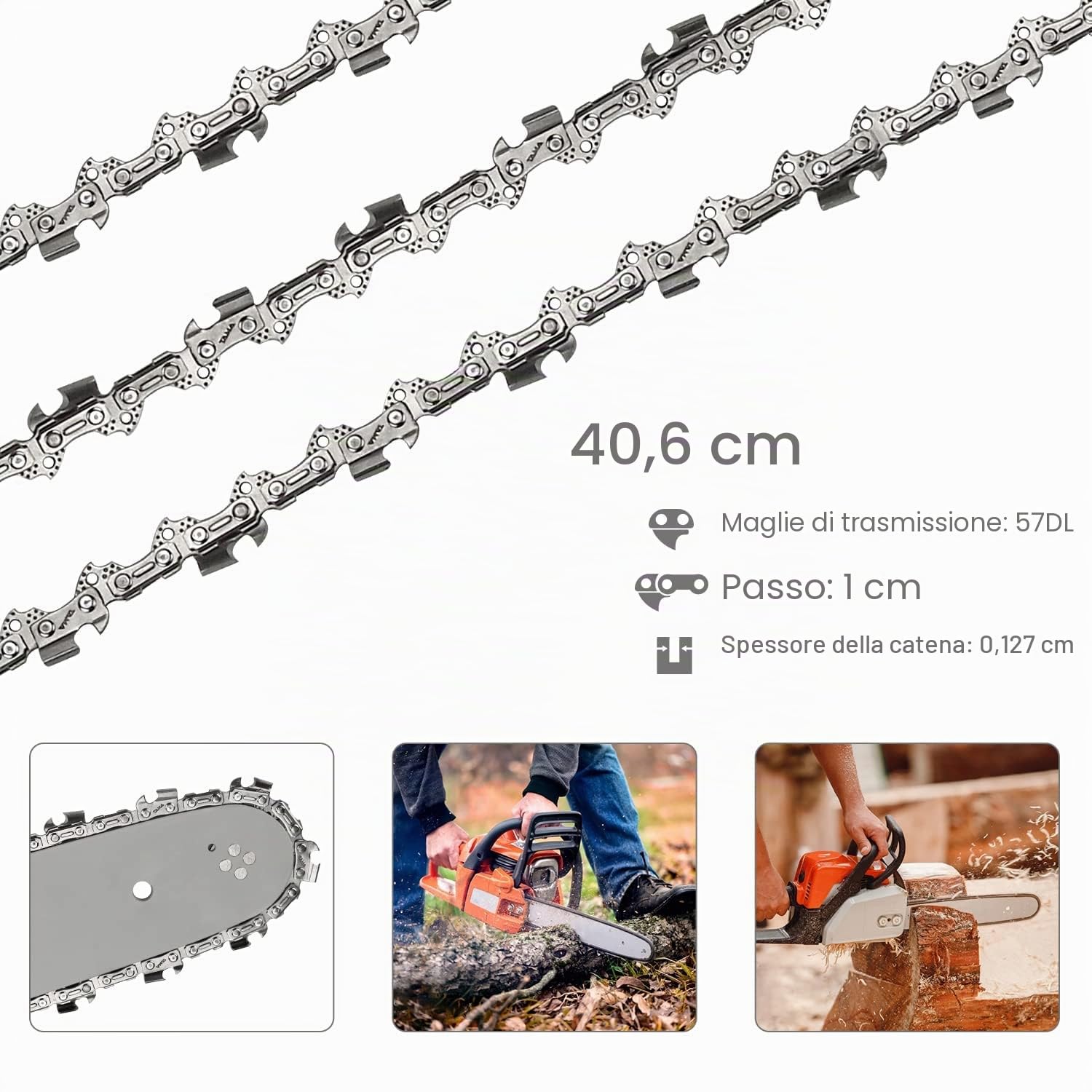 Barra da 40 cm con 4 motoseghe, 57 maglie/carrelli, passo 0,95 cm, calibro 1,3 mm