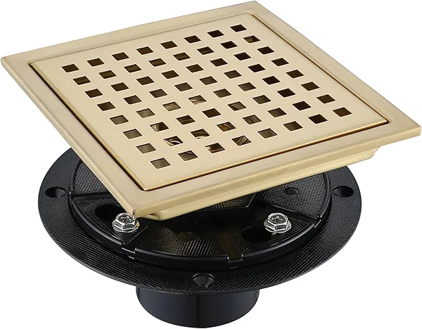 TRJIKAG 4 Inch Square Shower Floor Drain, Stainless Steel Black Shower Drain Kit with Flange, Floor Drain with Removable Grid Cover,Brushed Gold