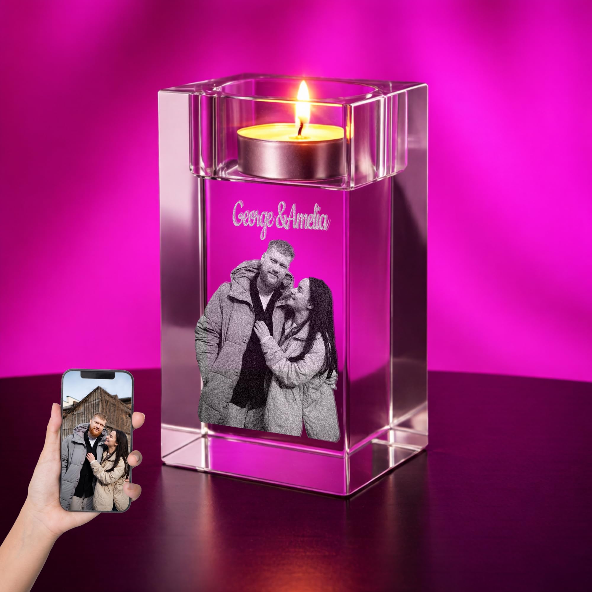 Print Maniacs Crystal Clear Personalised 3D Crystal Candle Photo – Luxury Laser Engraved Picture Gift For Couples, Anniversaries & Memorials