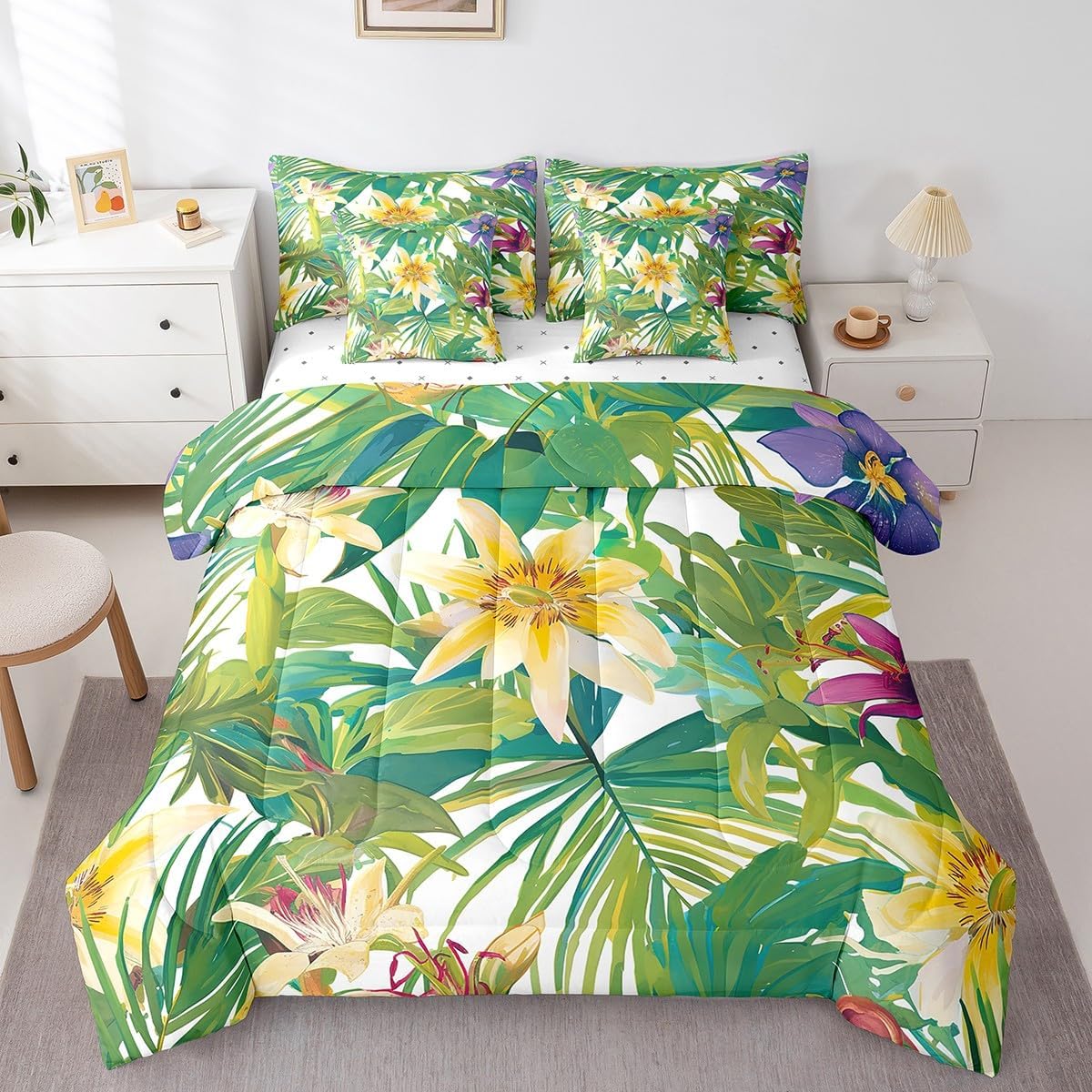 Feelyou Lily Floral Comforter Cover Set King Size Tropical Leaves Botanical 7 PCS Bedding Set Romantic Garden Complete Bedding Comforter Sets with Comforter, Sheets, Pillowcases, Cushion Covers