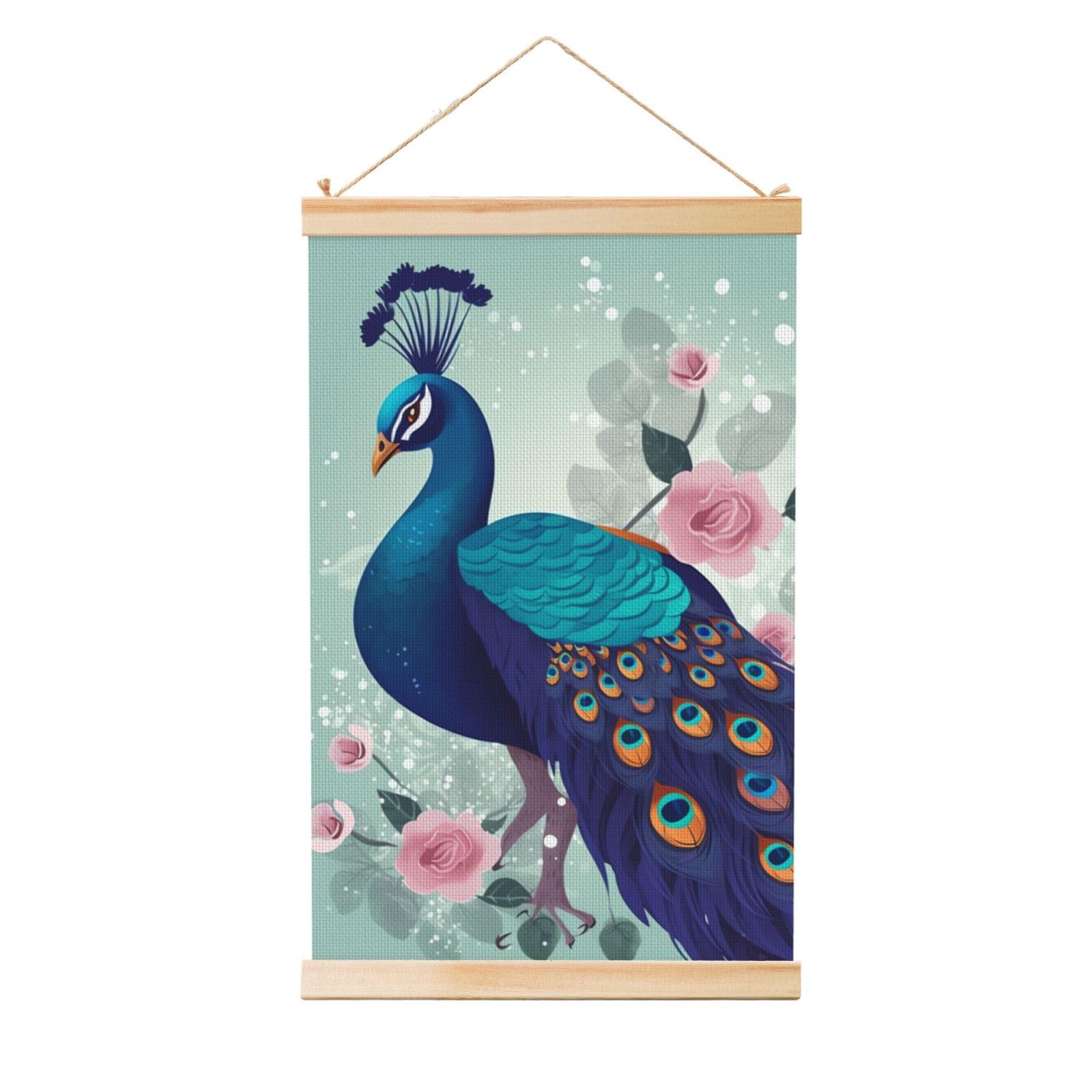 Beautiful Peacock and Floral Posters Wooden Shaft Hanging Poster Canvas Prints Scroll Wall Art Painting Vintage Wall Banner Modern Artwork Decor for Home Decor Ready to Hang 16"x24"