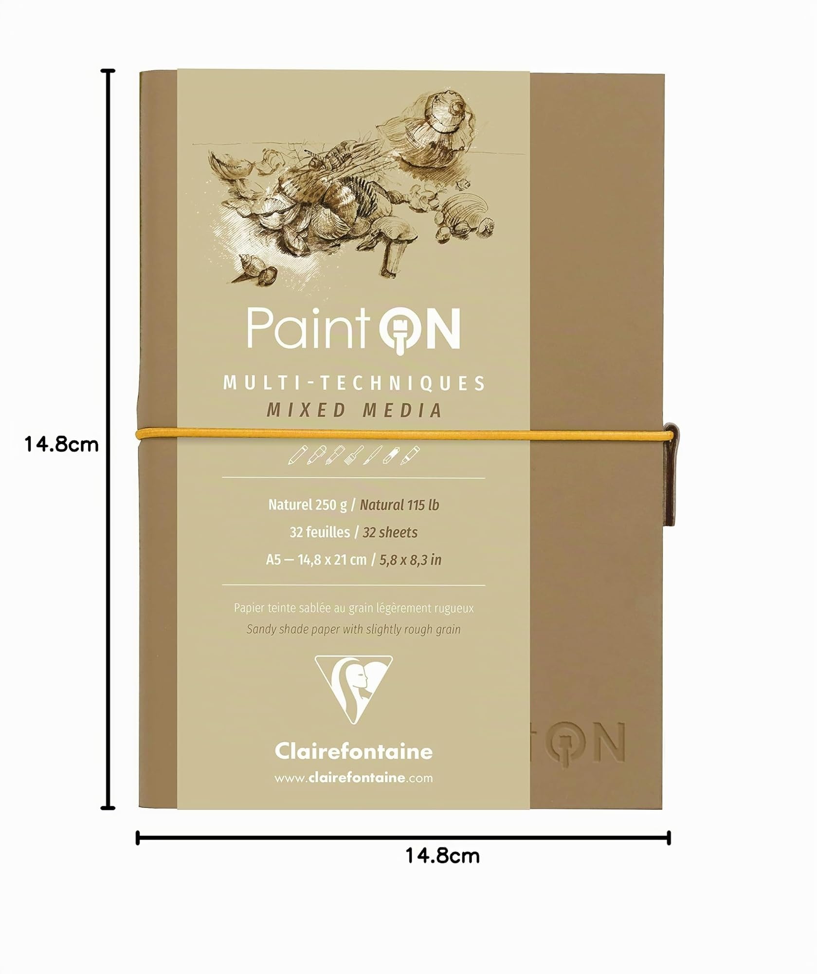 Clairefontaine 975183C - Un carnet cousu de papier dessin Paint'On 64 pages naturelles 14,8x21 cm 250g, fermeture élastique, couverture souple Kraft