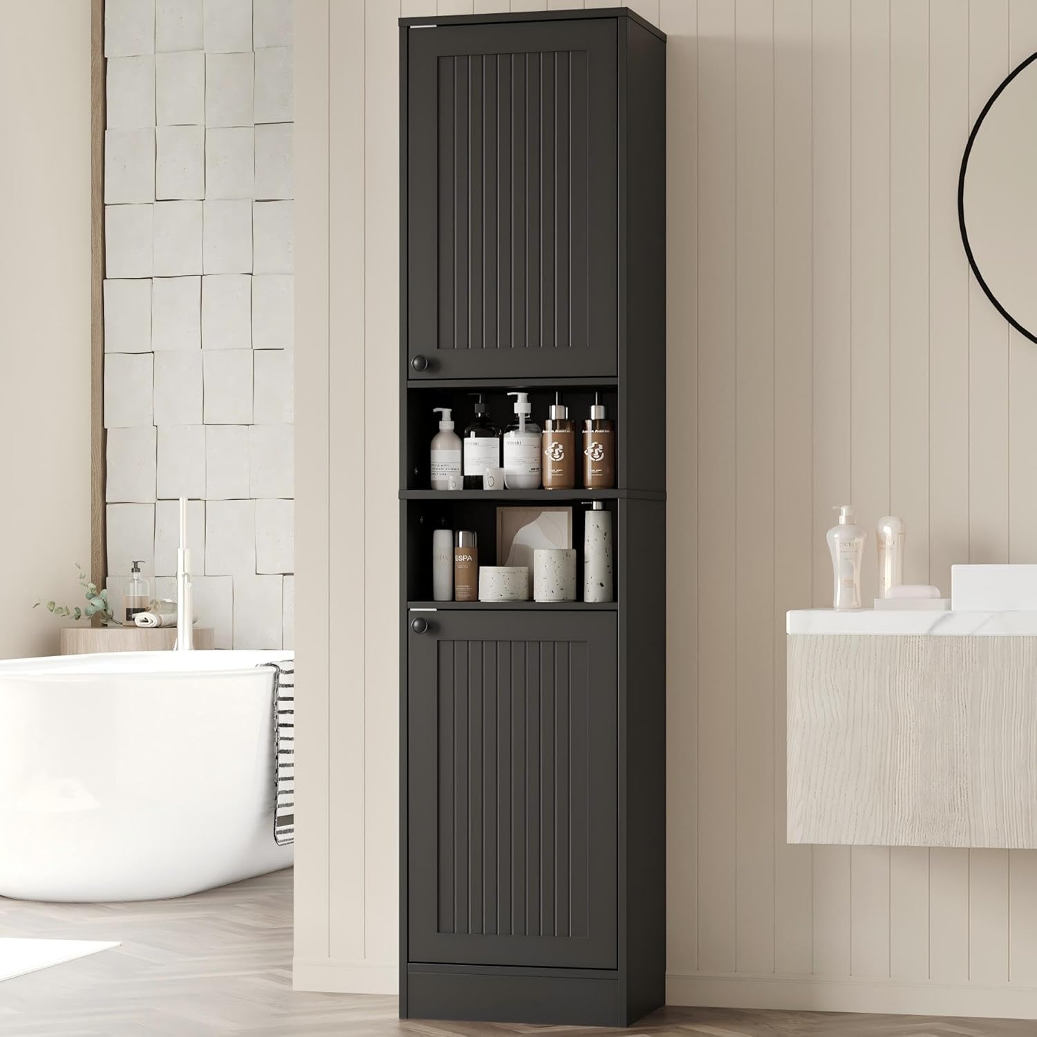Farmhouse Bathroom Cabinet with 2 Doors, 67" Tall Slim Freestanding Cabinet, Narrow Floor Storage Unit with Open Shelf and Adjustable Shelves for Bathroom, Living Room, Kitchen, Black