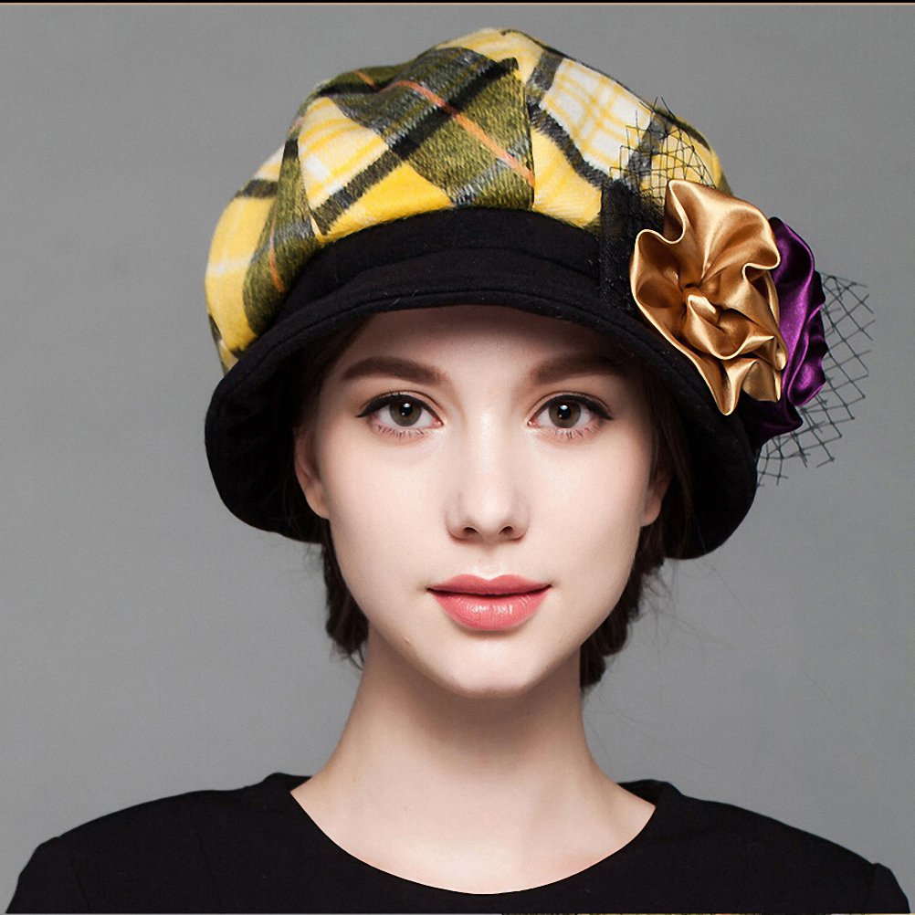 Maitose® Women's Scottish Plaid Wool Peaked Caps Beret Yellow