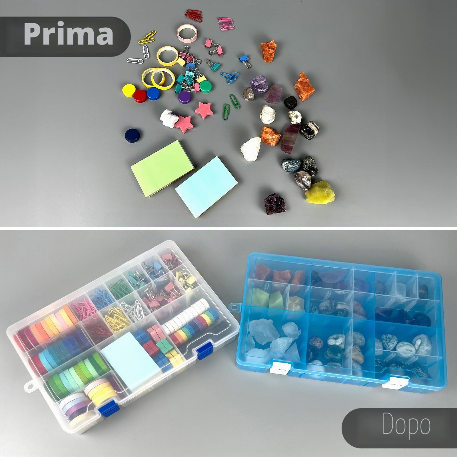 Qualsen Scatole Plastica con Coperchio, 34 Scomparti, Trasparente x 4 Pezzi | Scatola porta Oggetti Porta Minuteria con Divisori Regolabili, Trasparenti per Viti, Perline, Gioielli