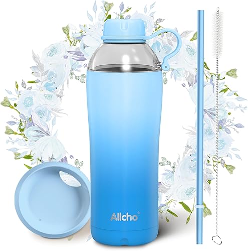 Botella de agua aislada para mujer, botellas de agua de acero inoxidable de 18 onzas, doble pared, 2 tapas (vaso y vaso), hidrata y cafeína, Azul