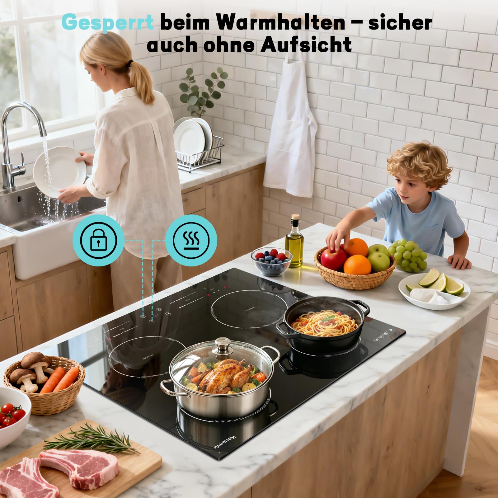 Induktionskochfeld 60cm Leistung Boost, Kochfeld Induktion 4 Platten, 7200W | 9 Leistungsstufen, Zonierte Touch-Bedienung, Timer 1-99 Min, Kindersicherung, Autarkes Einbau Induktionsherd