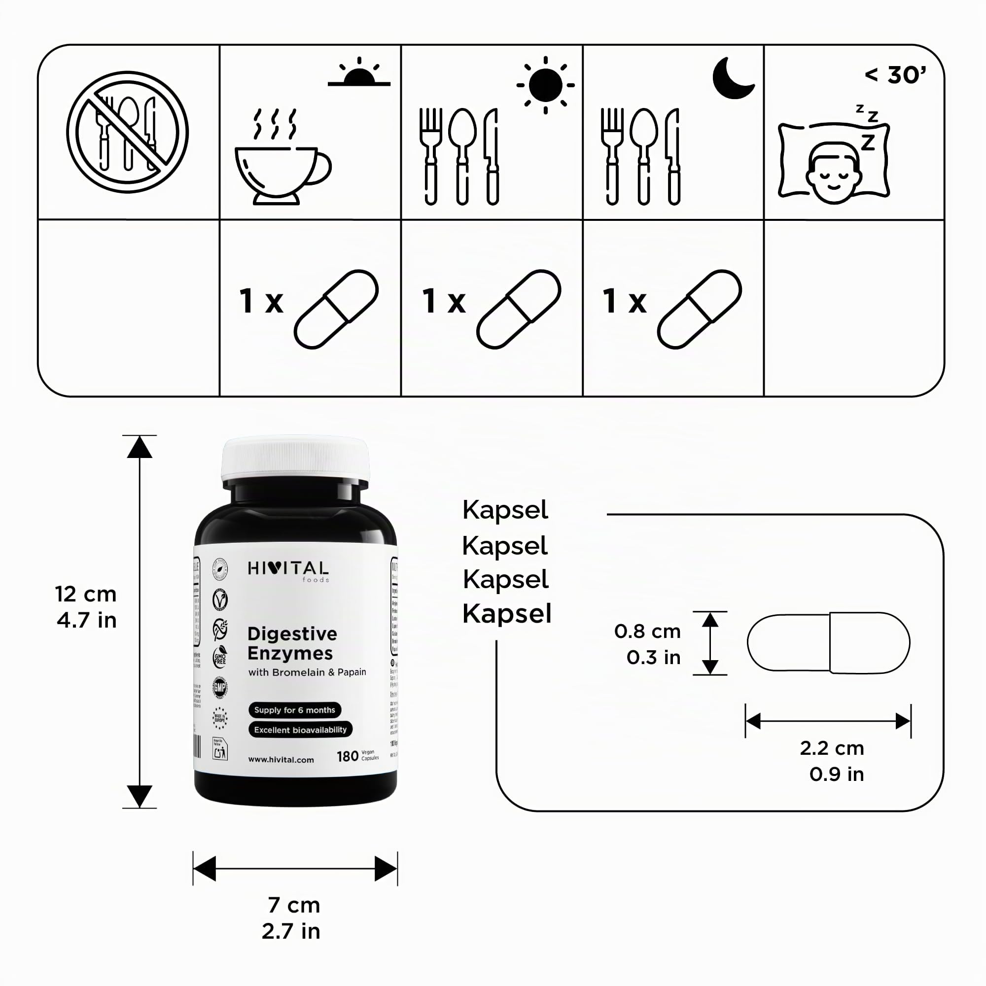 Verdauungsenzyme. 180 vegane Kapseln für eine 6-monatige Kur. Amylase, Protease, Laktase, Lipase, Cellulase, Bromelain und Papain. Hergestellt von HIVITAL