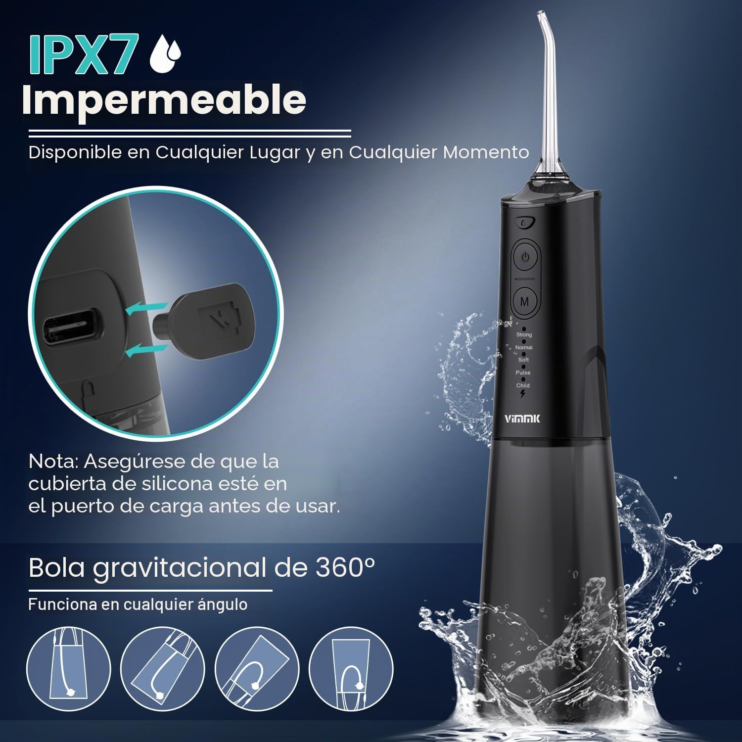 Irrigador bucal inalámbrico limpiador dental eléctrico, Vimmk Dental Water Flosser 5 modos y 8 boquillas USB-C recargable agua Flosser IPX7 resistente al agua, tanque de agua de 300 ml, limpiador de