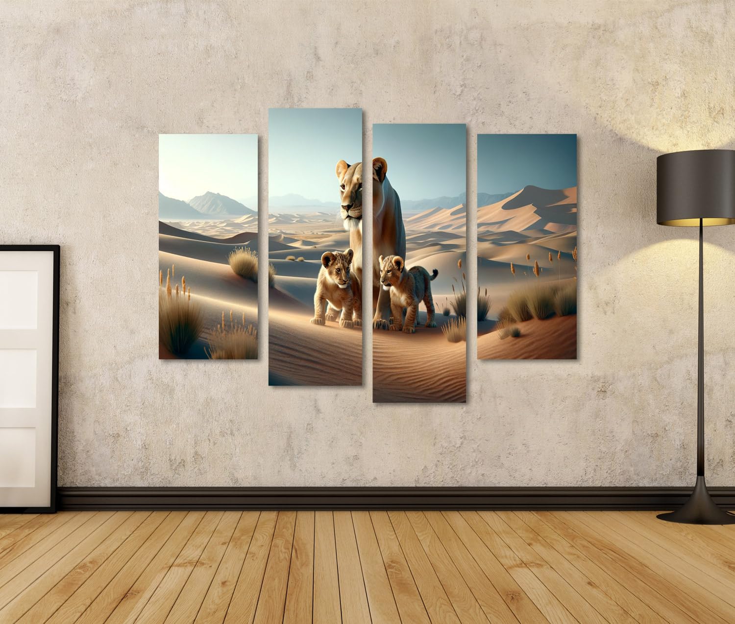 islandburner Cuadro sobre lienzo Madre León Con Sus Dos Jóvenes En Un Paisaje Desértico. La Imagen Está En Altitud Cuadros Murales Póster