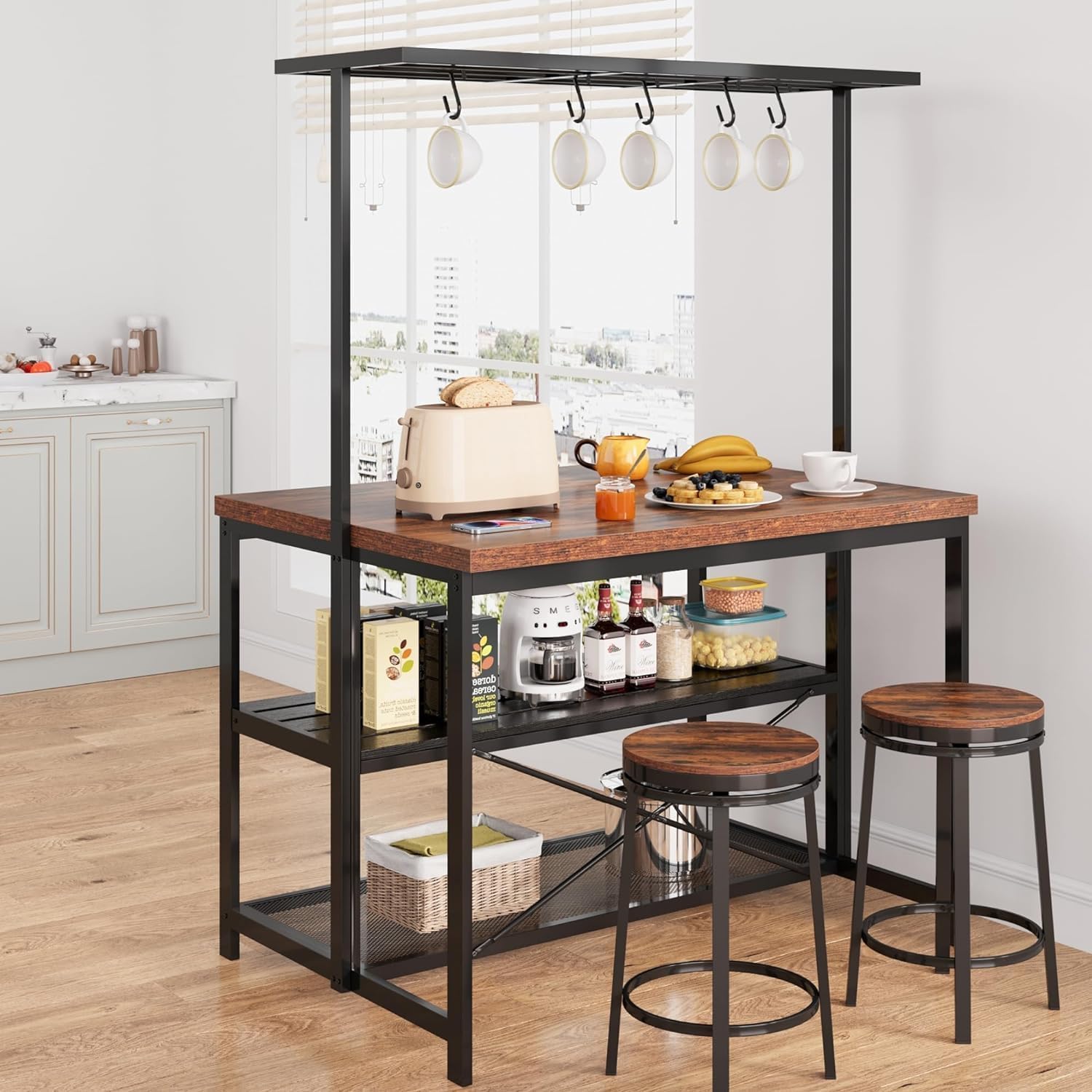 Grande supporto da cucina, supporto per forno a microonde, ripiano portaoggetti da cucina a 3 livelli, 5 ganci, tavolino in metallo per sala da pranzo o soggiorno, 106 x 71 x 183 cm