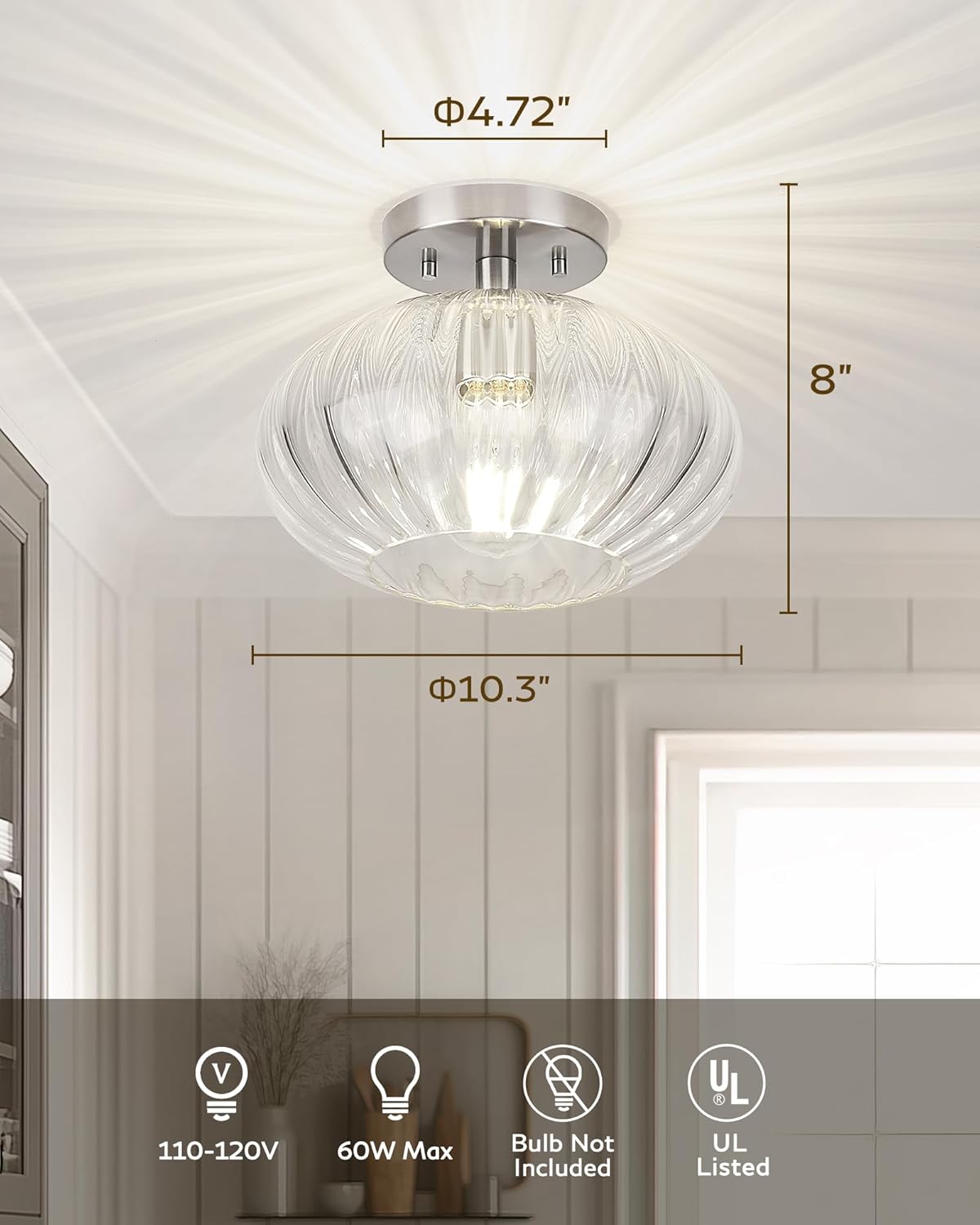 FEMILA 10.3" Brushed Nickel Ceiling Lights, Pumpkin-Shaped Glass Ceiling Light for Living Room, Bedroom, Kitchen, 4FYD85F BN