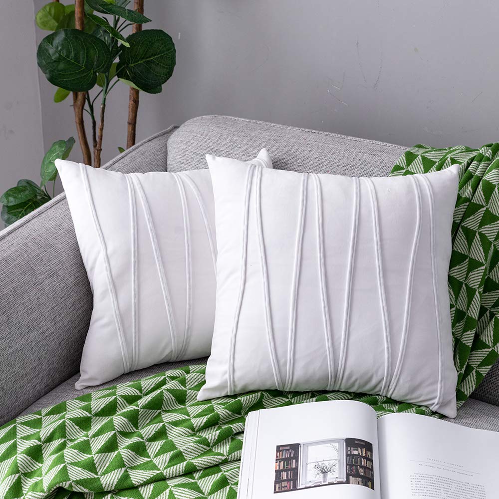 NATUS WEAVERWhite Throw Pillow Covers Hand-Made Soft Velvet Striped Cushion Covers 24 x 24 for Couch Sofa Bedroom Car 2 Pieces Decorative Zigzag Stripe Cushion Cases Pure White