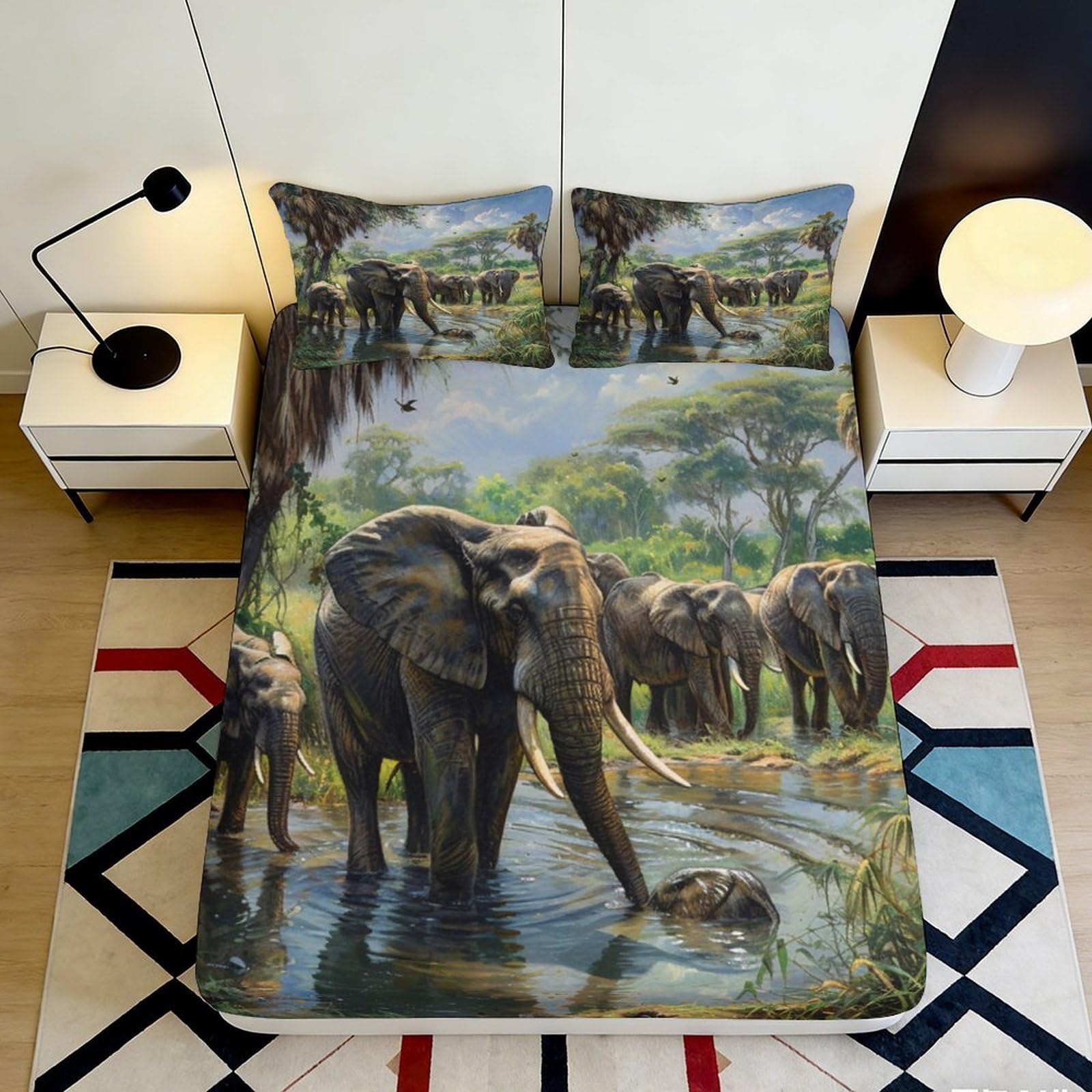 3D Printed Elephant Wildlife Fitted Sheet Microfiber Durable Soft 3D Printed African Safari Bed Cover for Bedroom Dormitory Guest Room Mattress Protection 120x200x25cm