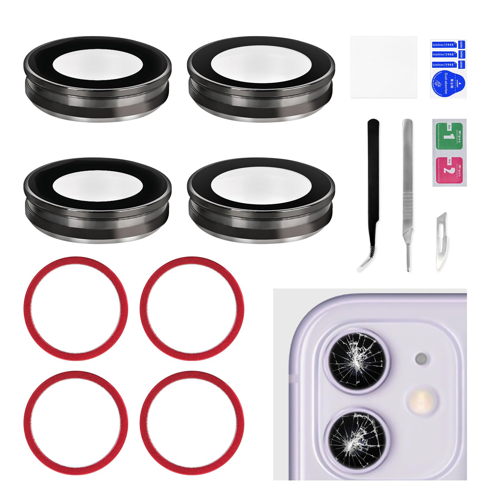 2 Sets for iPhone 11 Red Back Camera Lens Bracket Replacement with Double Sided Adhesive for iPhone11 Rear Camera Glass Lens Frame Kit with Assembly Fix Kit Tweezers A2111 A2223 A2221