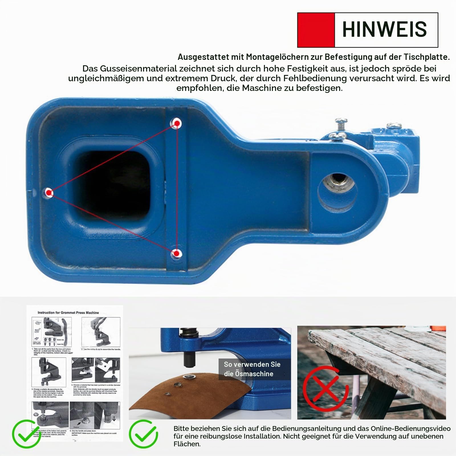 FreeTec Handpresse Ösenmaschine Ösenzangen, 6/10/12mm Ösenstanze Ösenpresse set mit 3 Matrizen 1500 Silber Ösen und Hammer für Planen Kleidung Gürtel Leder