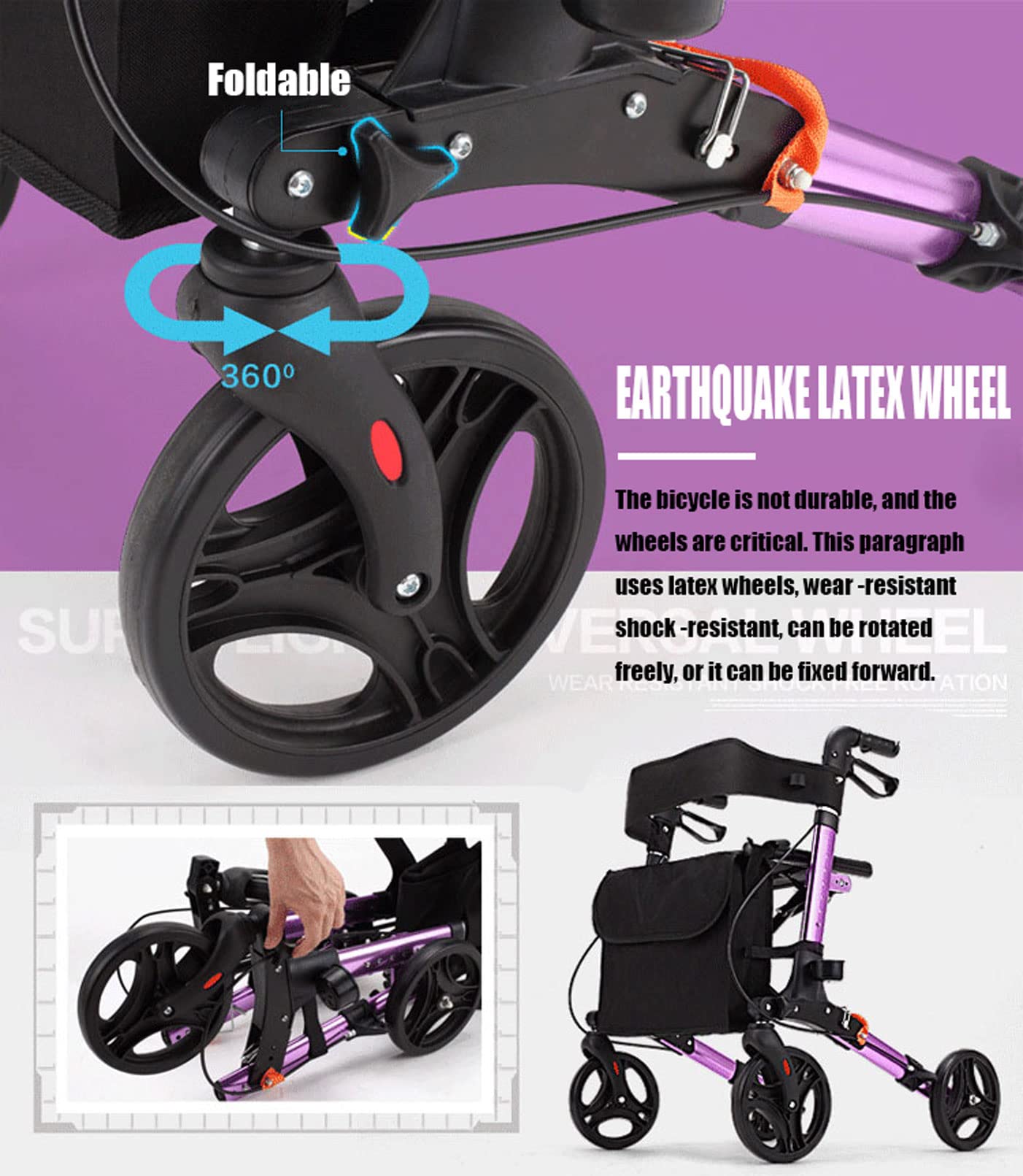 Aluminiowy Rollator Seniors Walking Frame Pomoc Lekki Mobilny Wózek Wózek Hulajnoga Składany z siedziskiem i koszem 4 koła na prezent dla rodzica