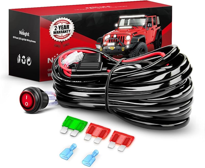 Kit Chicote Elétrico para Barra LED Nilight 12 V 12AWG com Relé, Fusível e Interruptor – 1 unidade